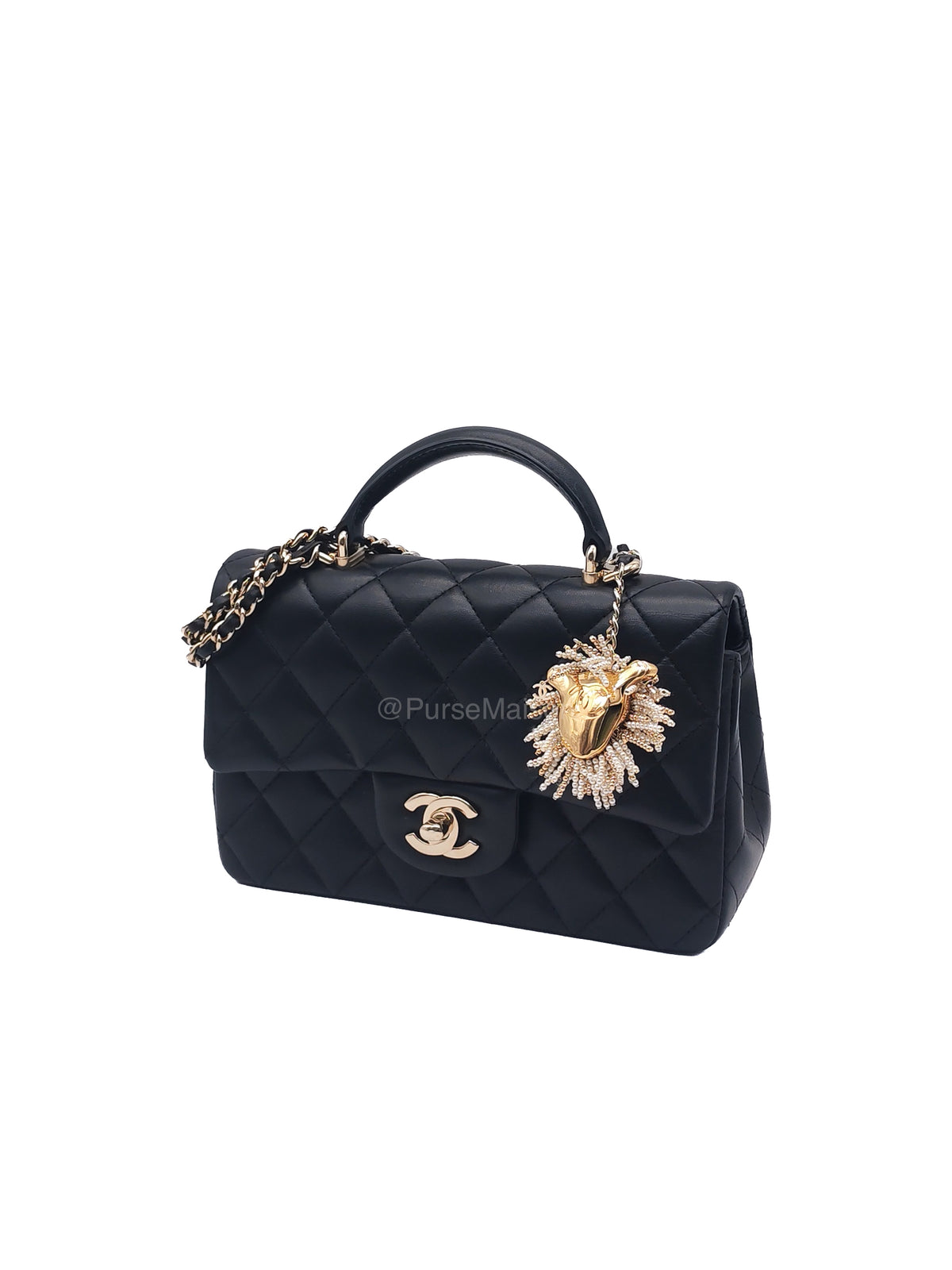 Chanel 23A Classic Mini Top Handle with Lion Charm in Black Lambskin Leather Light Gold Hardware (Microchip) | Purse Maison Luxury Bags Shop