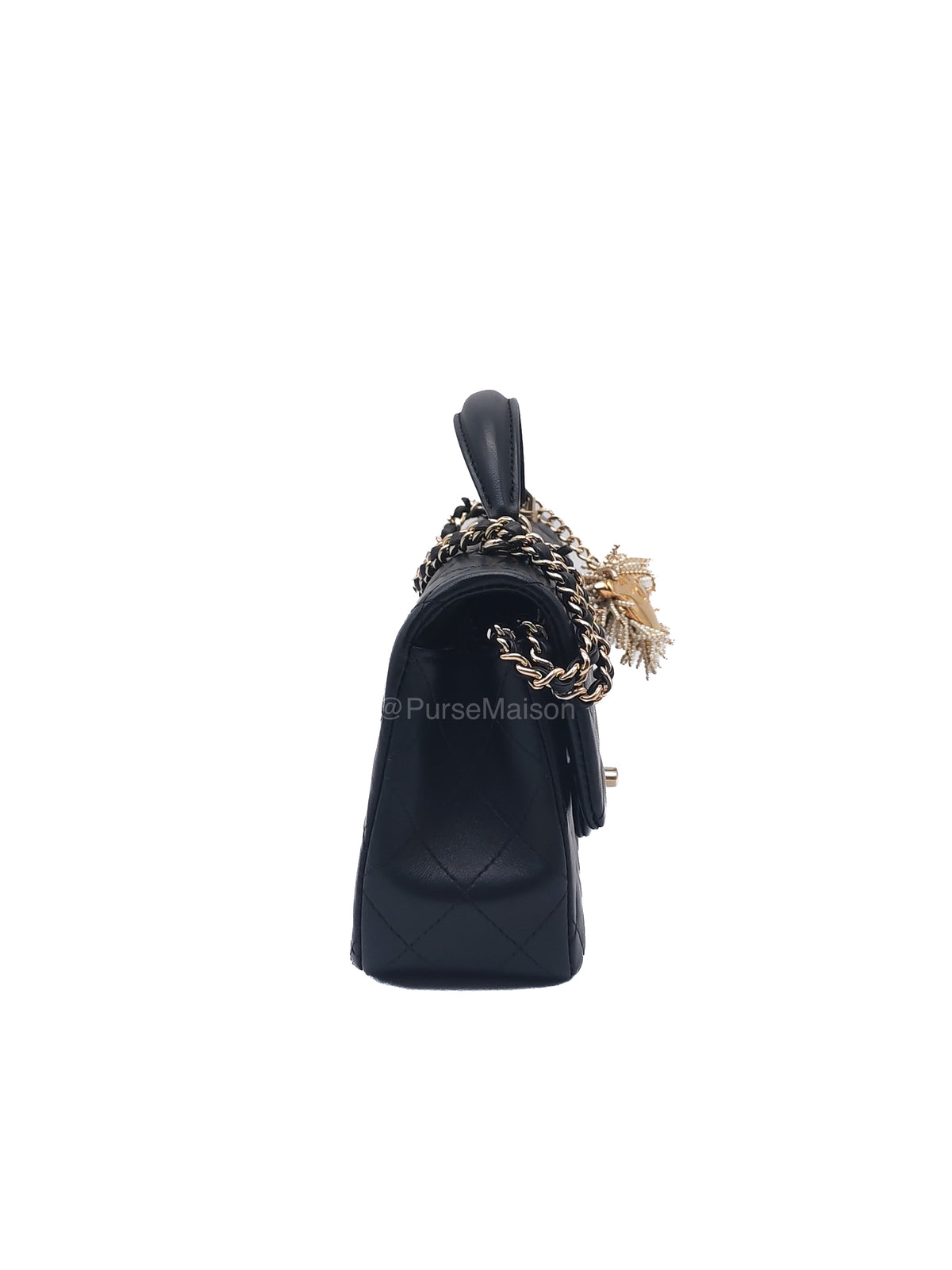 Chanel 23A Classic Mini Top Handle with Lion Charm in Black Lambskin Leather Light Gold Hardware (Microchip) | Purse Maison Luxury Bags Shop
