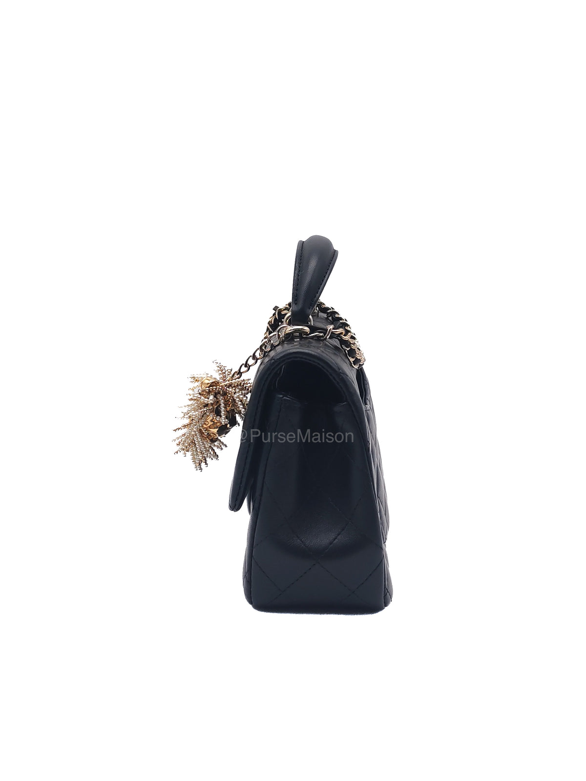 Chanel 23A Classic Mini Top Handle with Lion Charm in Black Lambskin Leather Light Gold Hardware (Microchip) | Purse Maison Luxury Bags Shop