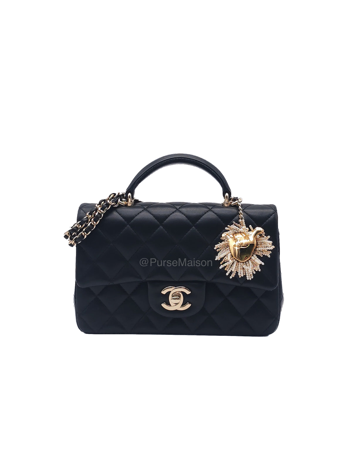 Chanel 23A Classic Mini Top Handle with Lion Charm in Black Lambskin Leather Light Gold Hardware (Microchip) | Purse Maison Luxury Bags Shop