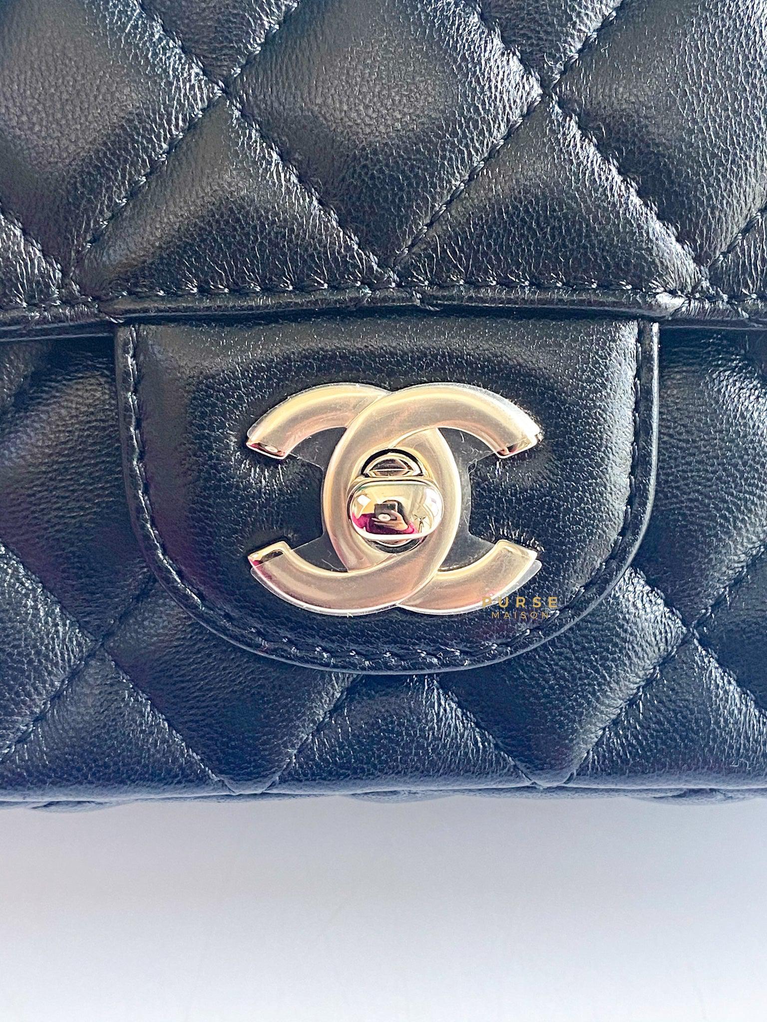 Chanel 23A Top Handle with Rhinestone Crystal Mini Flap Black Lambskin in Light Gold Hardware (Microchip)