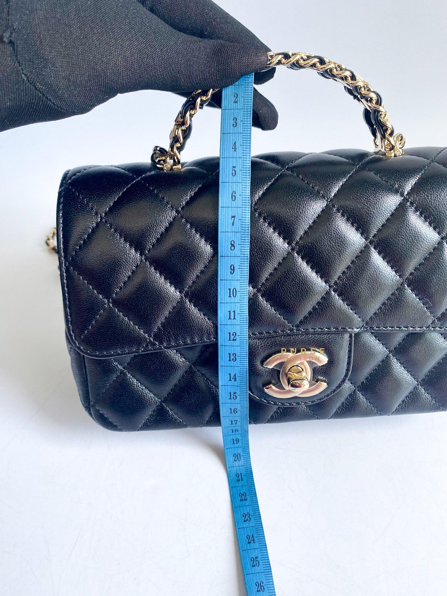 Chanel 23A Top Handle with Rhinestone Crystal Mini Flap Black Lambskin in Light Gold Hardware (Microchip)