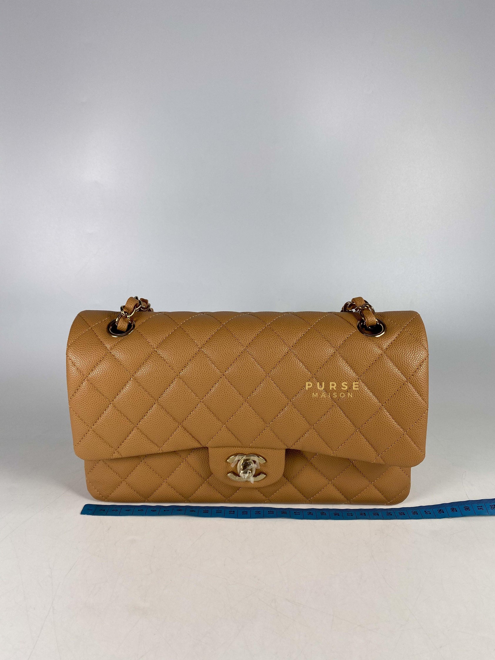 Chanel 23p Caramel Classic Double Flap Medium in Caviar Leather and Light Gold Hardware (Microchip) | Purse Maison Luxury Bags Shop