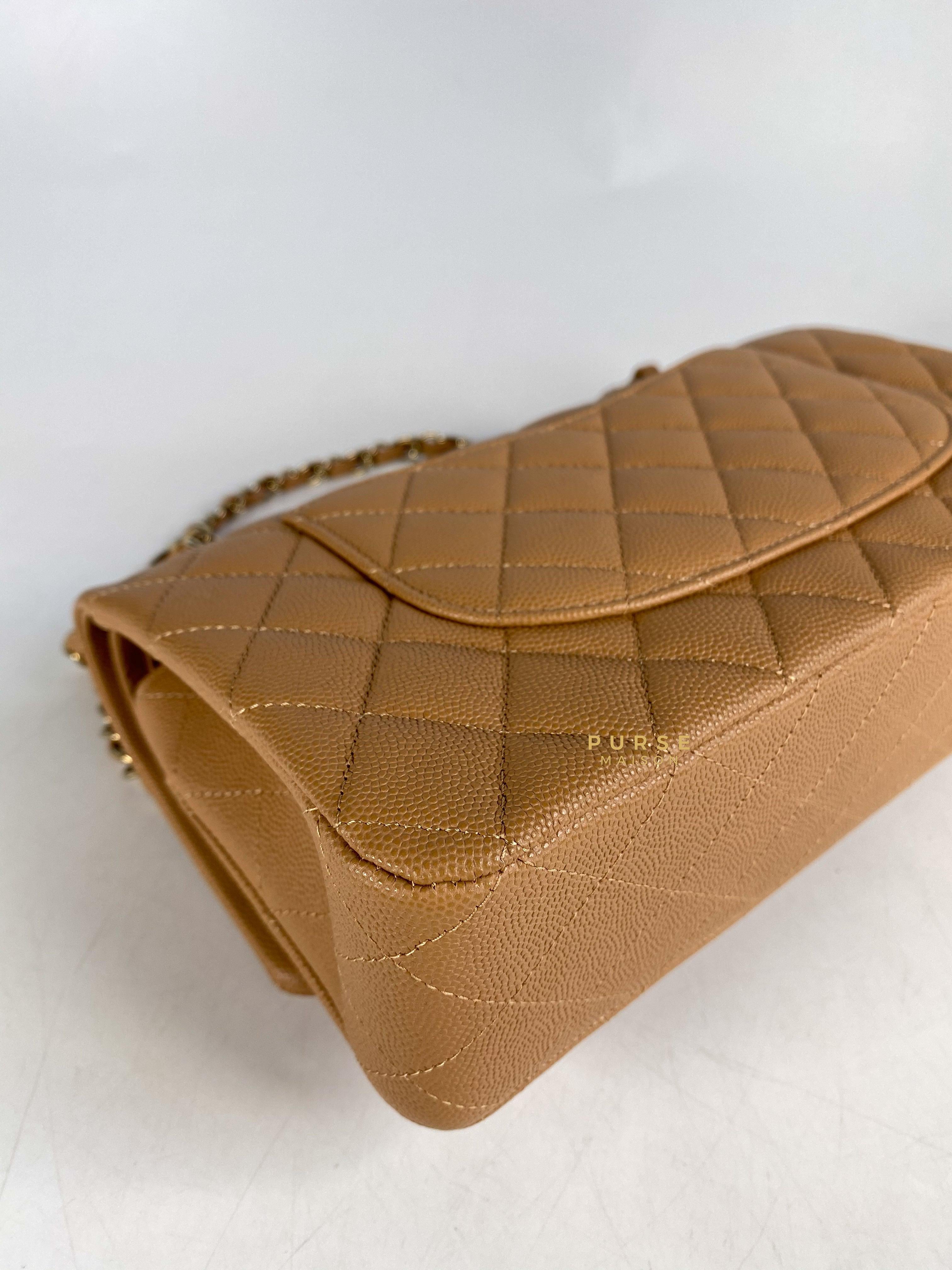 Chanel 23p Caramel Classic Double Flap Medium in Caviar Leather and Light Gold Hardware (Microchip) | Purse Maison Luxury Bags Shop
