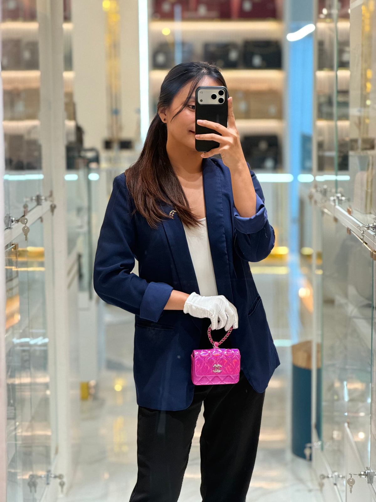 Chanel 24C Hook Card Holder Micro Bag in Fuchsia Pink Iridescent Mirror Goatskin Silver Hardware (Microchip) | Purse Maison Luxury Bags Shop