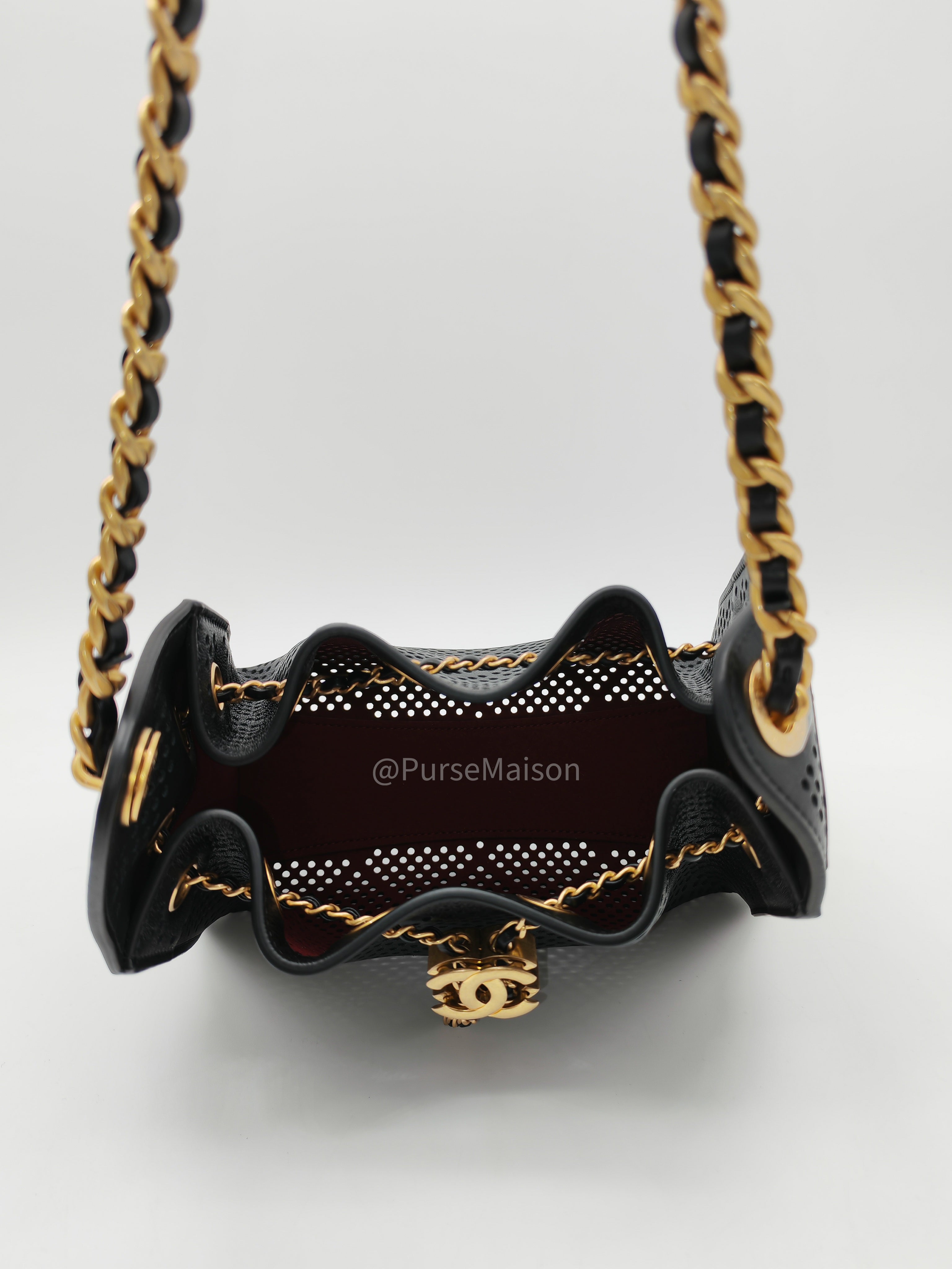 Chanel 25 Hobo Bag Mini in Black Perforated Calfskin Leather Aged Gold Hardware (Microchip) | Purse Maison Luxury Bags Shop