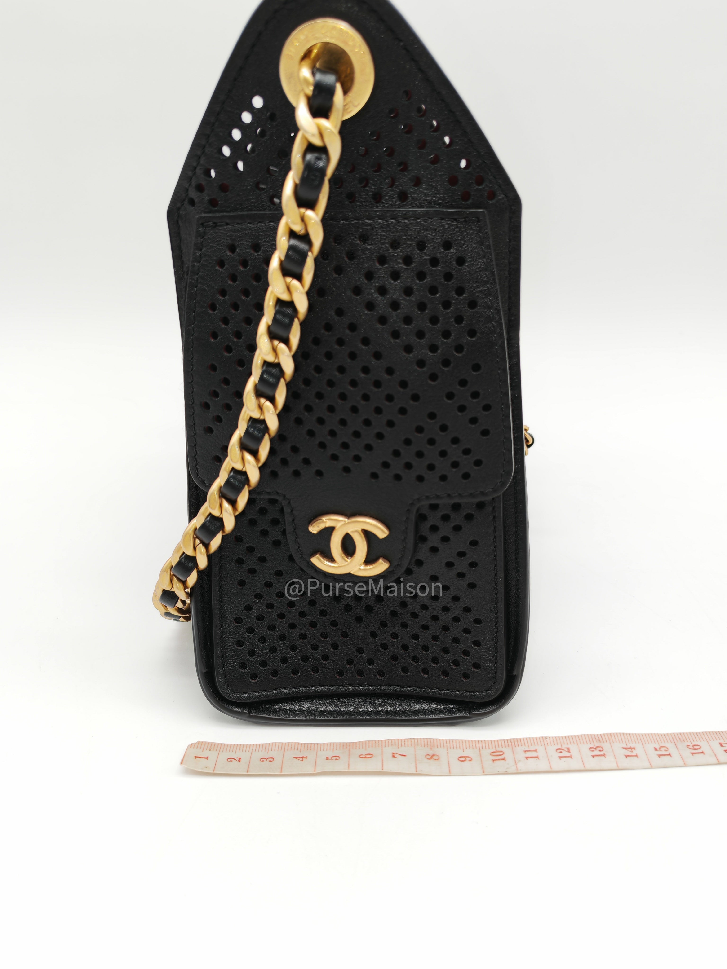 Chanel 25 Hobo Bag Mini in Black Perforated Calfskin Leather Aged Gold Hardware (Microchip) | Purse Maison Luxury Bags Shop