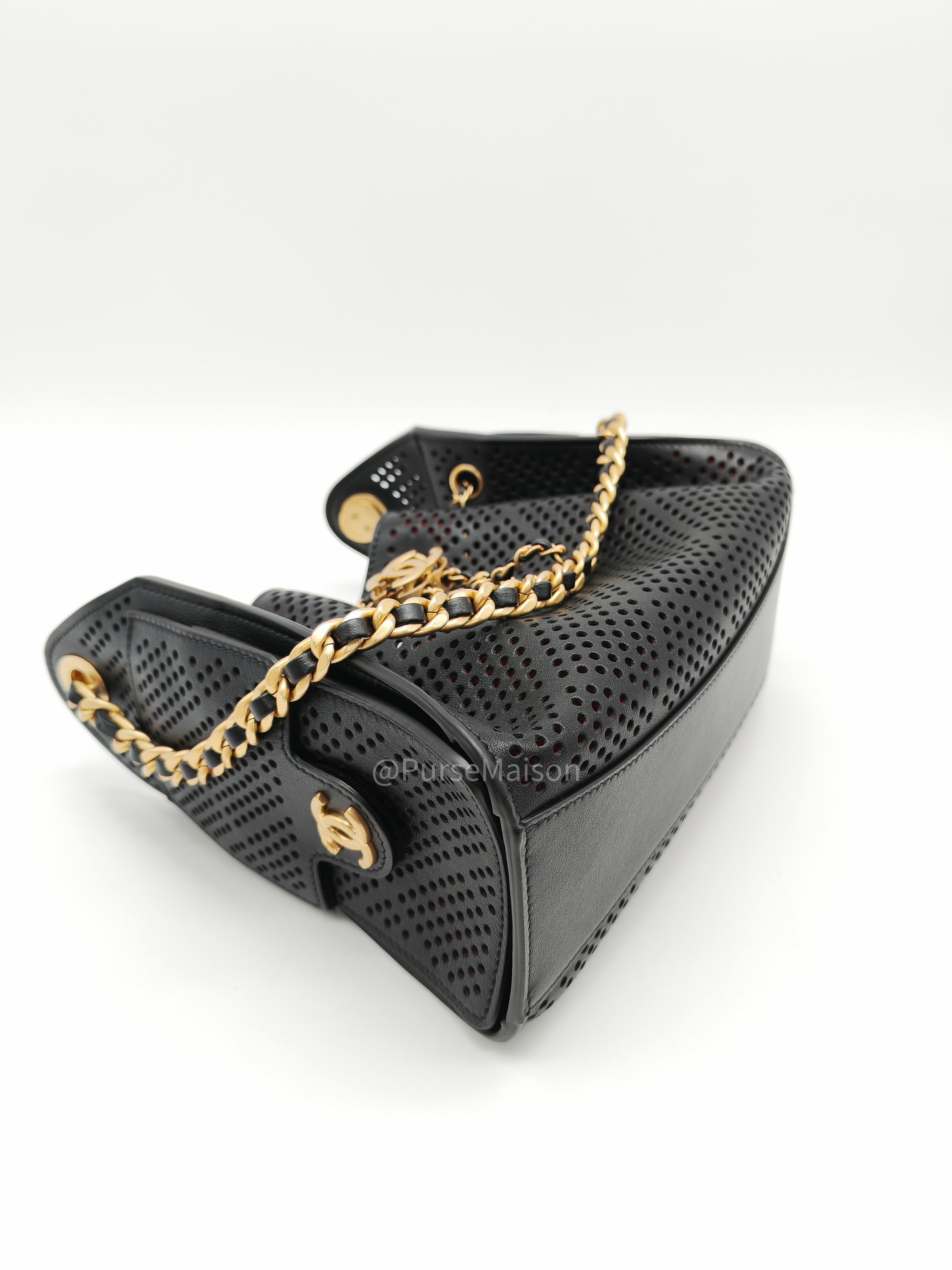 Chanel 25 Hobo Bag Mini in Black Perforated Calfskin Leather Aged Gold Hardware (Microchip) | Purse Maison Luxury Bags Shop
