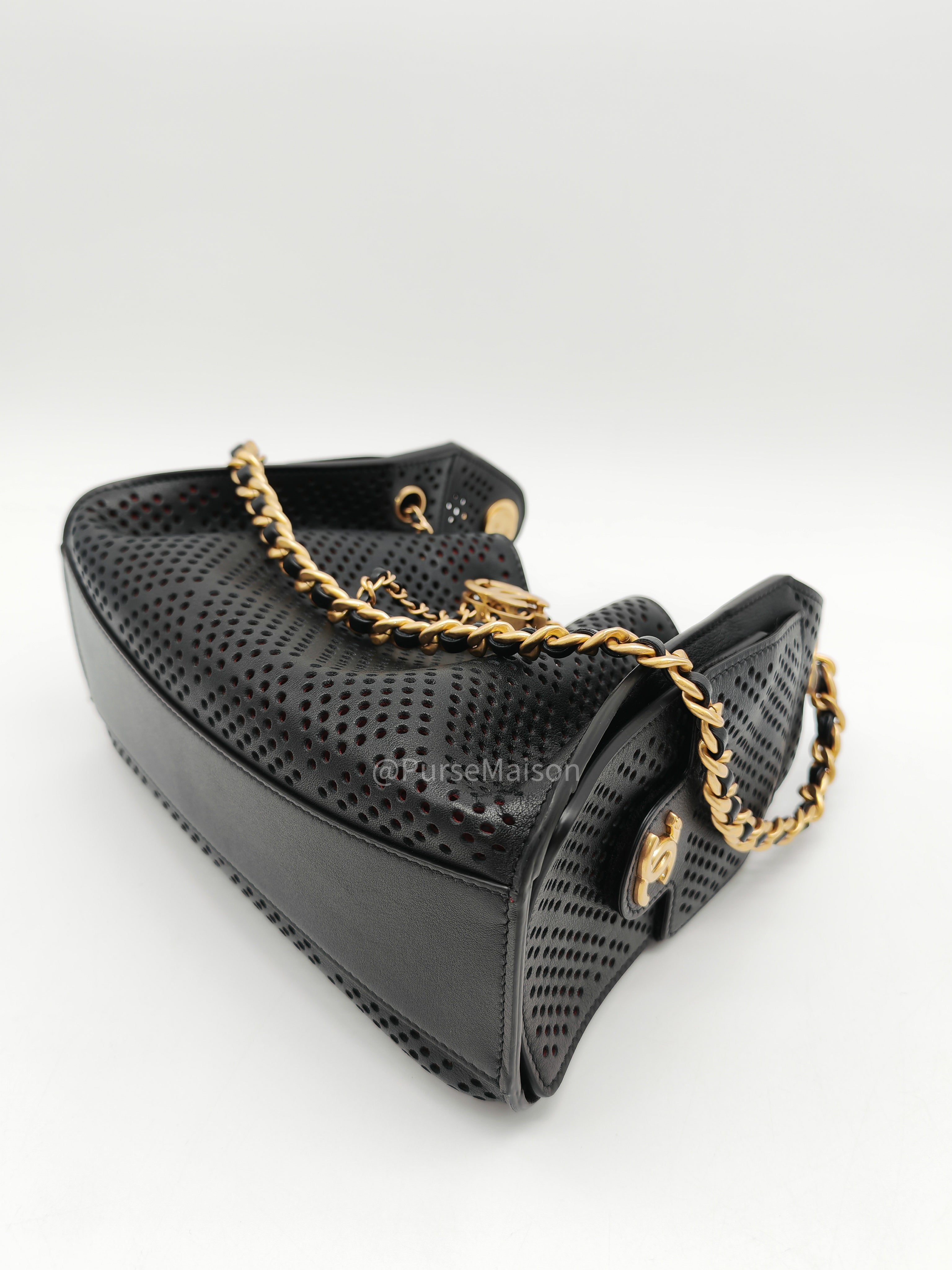 Chanel 25 Hobo Bag Mini in Black Perforated Calfskin Leather Aged Gold Hardware (Microchip) | Purse Maison Luxury Bags Shop