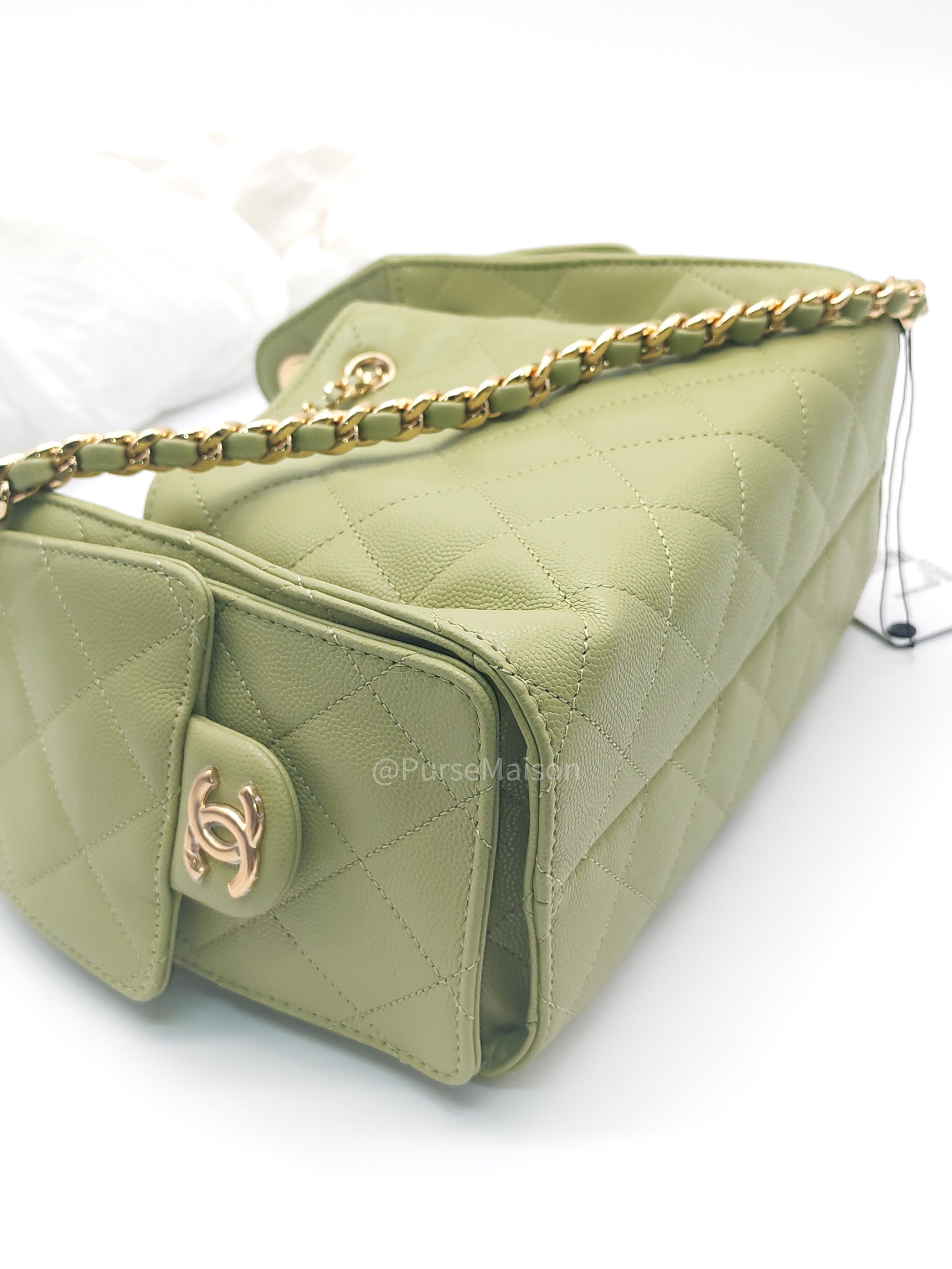 Chanel 25 Hobo Bag Mini in Light Green Caviar Leather Shiny Gold Hardware (Microchip) | Purse Maison Luxury Bags Shop