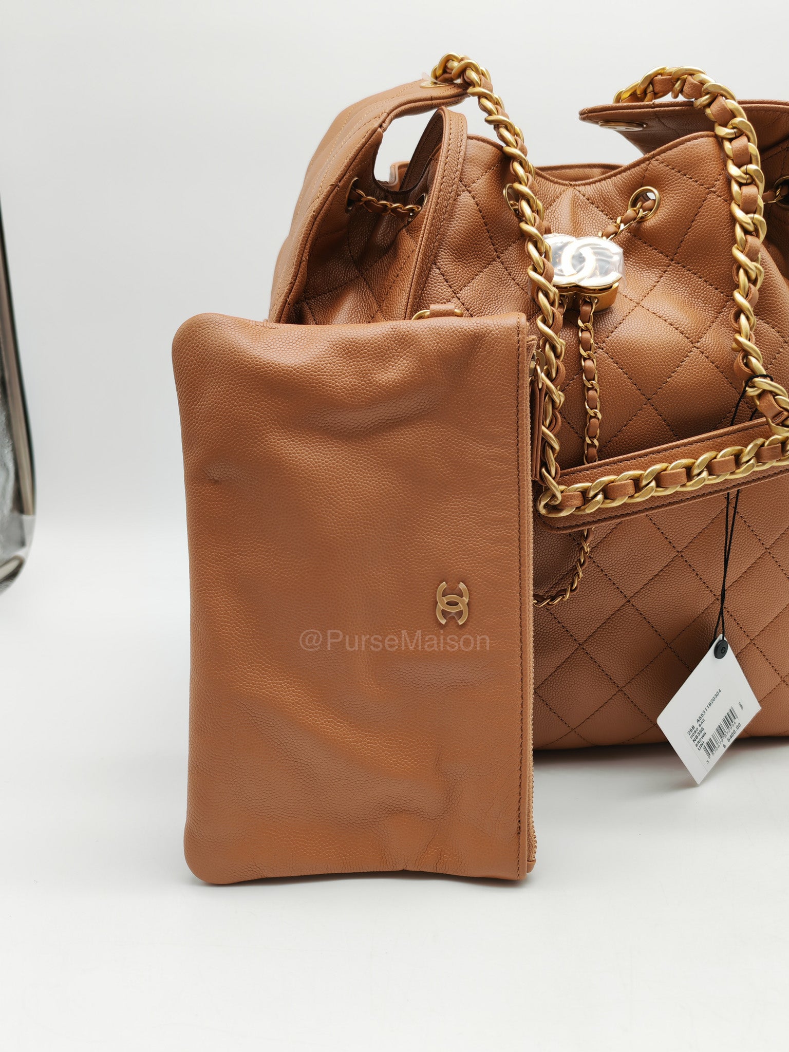 Chanel 25 Medium in Caramel Caviar Leather Aged Gold Hardware (Microchip) | Purse Maison Luxury Bags Shop