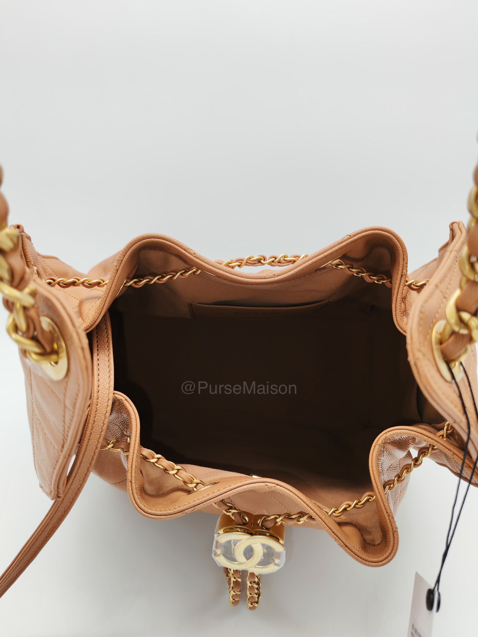 Chanel 25 Medium in Caramel Caviar Leather Aged Gold Hardware (Microchip) | Purse Maison Luxury Bags Shop