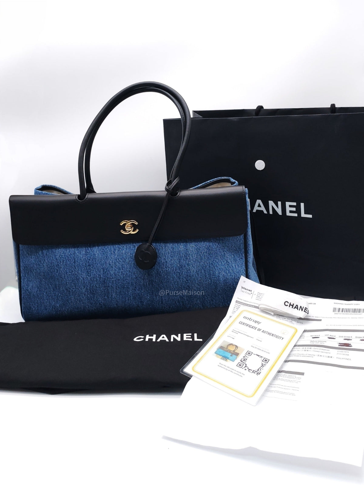 Chanel 26 Urban Essential Matthieu Blazy Large Tote Bag in Black Calfskin Leather and Denim Canvas Light Gold Hardware (Microchip) | Purse Maison Luxury Bags Shop