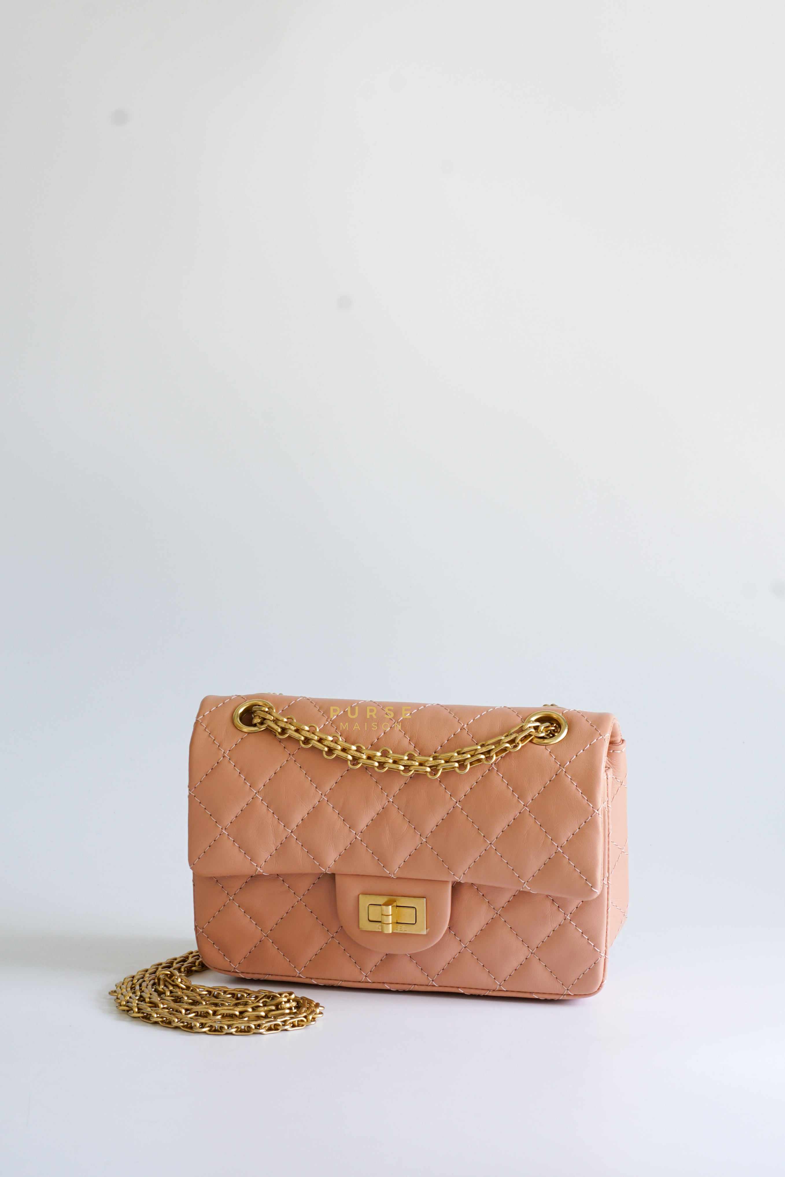 Chanel 2.55 Mini Reissue Salmon distressed calfskin & Aged Gold Hardware (Microchip)