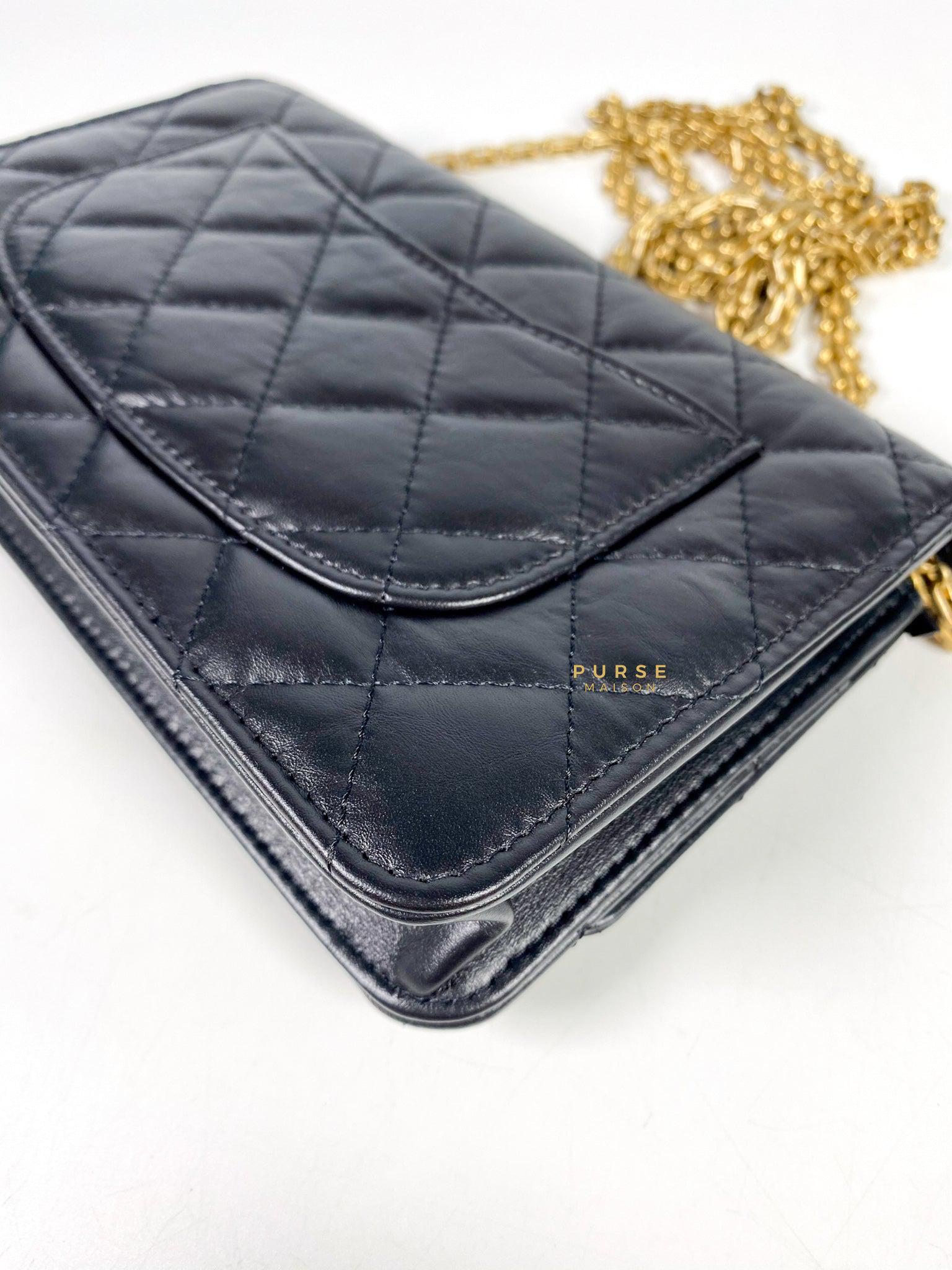 2.55 Long flap wallet - Aged calfskin & gold-tone metal, black — Fashion