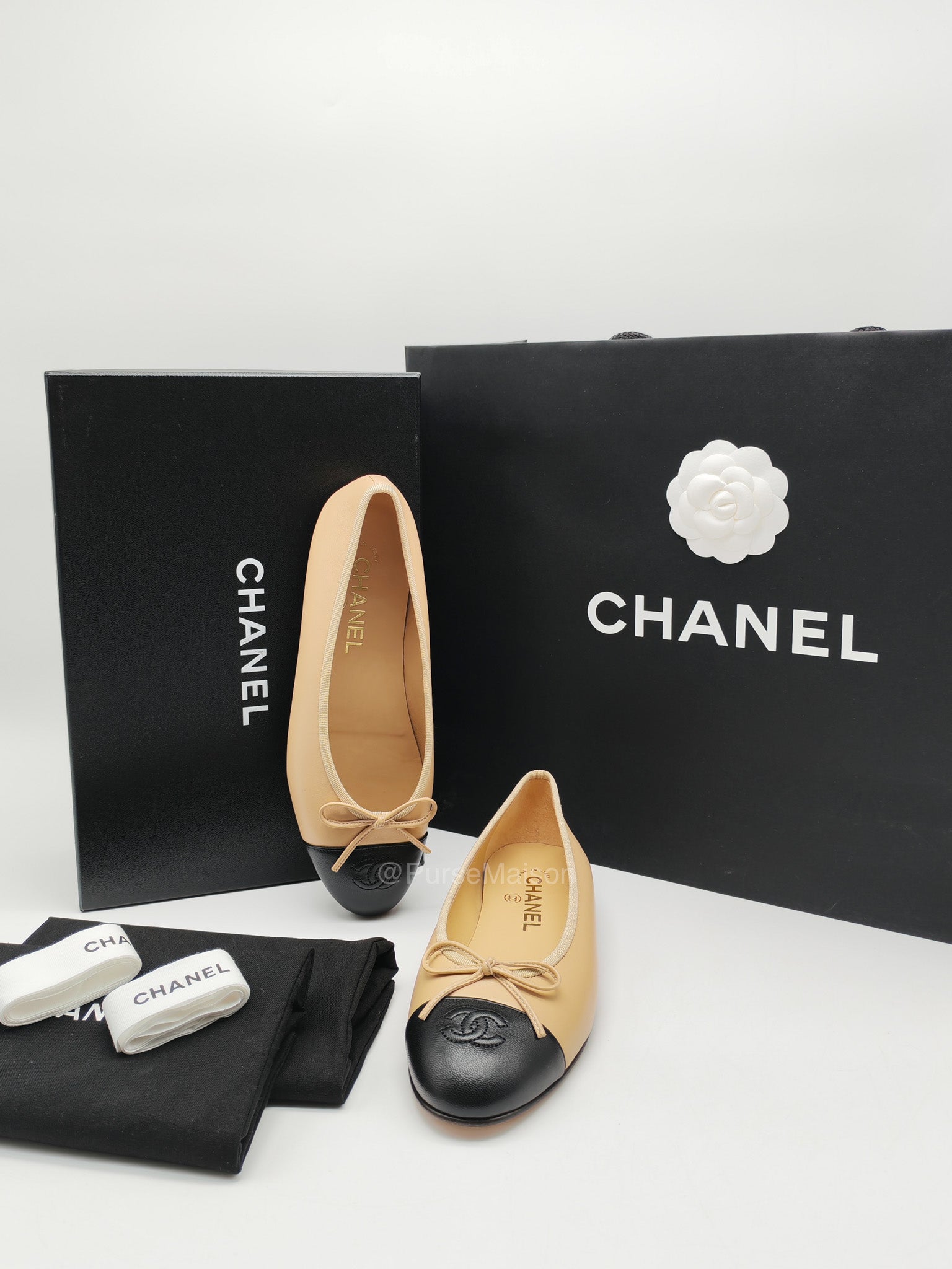 Chanel Ballerina Flats in Black Cap Toe and Beige Lambskin Body Size 37.5 Eu (24cm) | Purse Maison Luxury Bags Shop