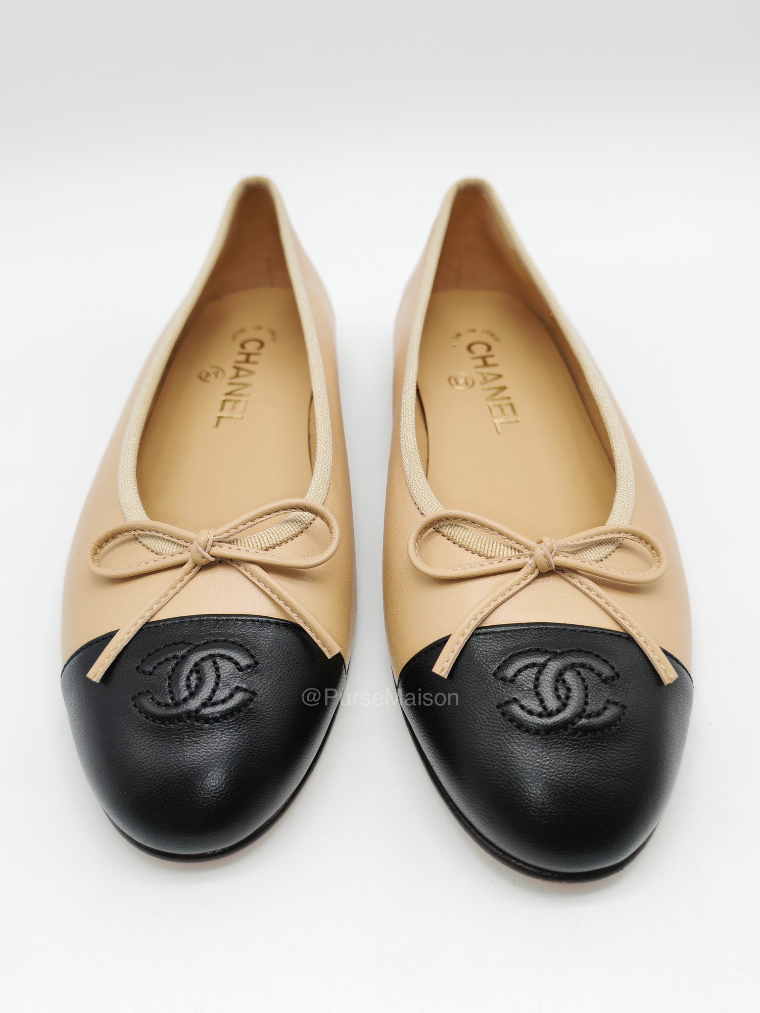 Chanel Ballerina Flats in Black Cap Toe and Beige Lambskin Body Size 37.5 Eu (24cm) | Purse Maison Luxury Bags Shop