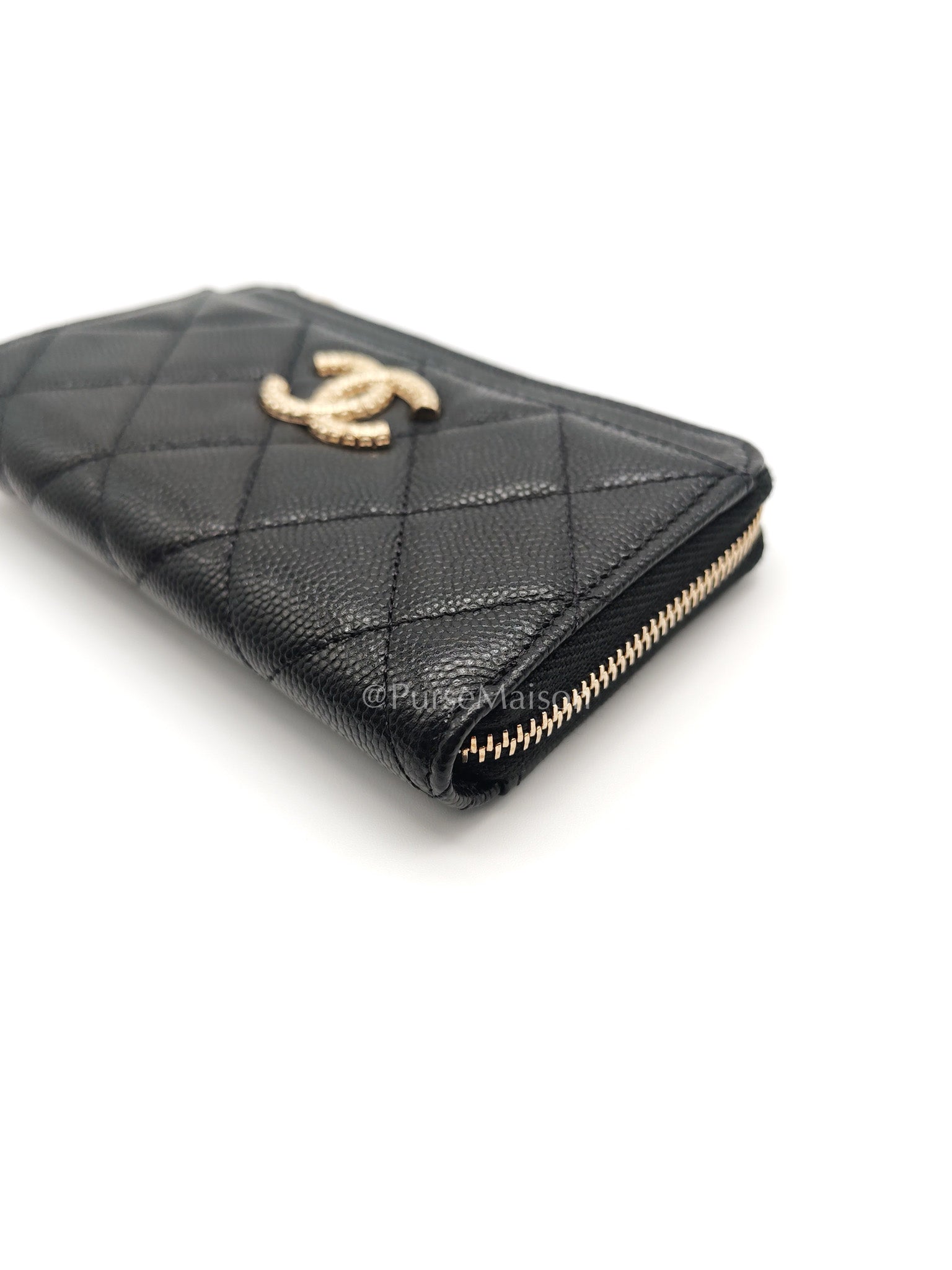 Chanel Big CC Zipped Card Holder in Black Caviar Leather and Light Gold Hardware (Microchip) | Purse Maison Luxury Bags Shop