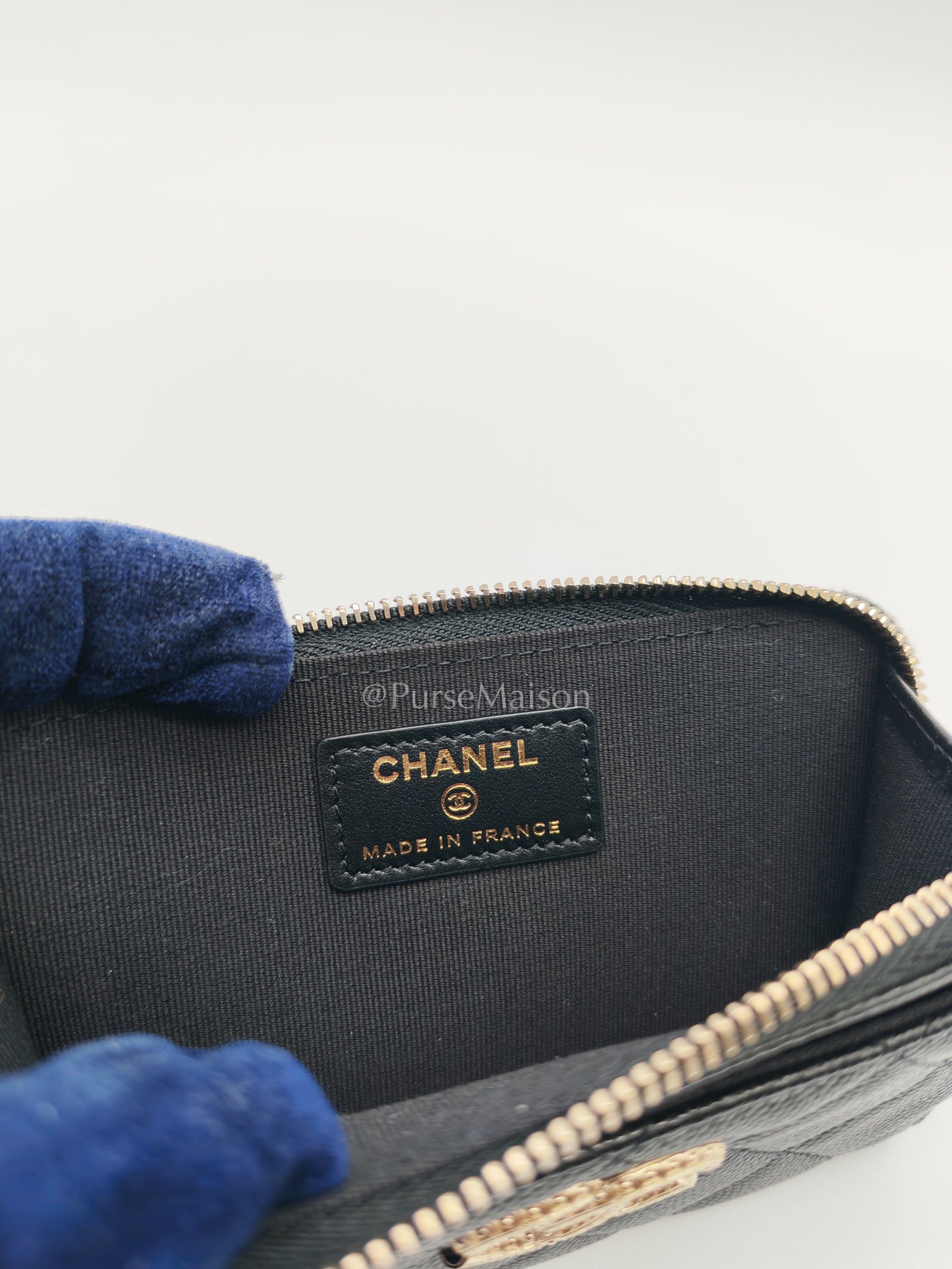 Chanel Big CC Zipped Card Holder in Black Caviar Leather and Light Gold Hardware (Microchip) | Purse Maison Luxury Bags Shop