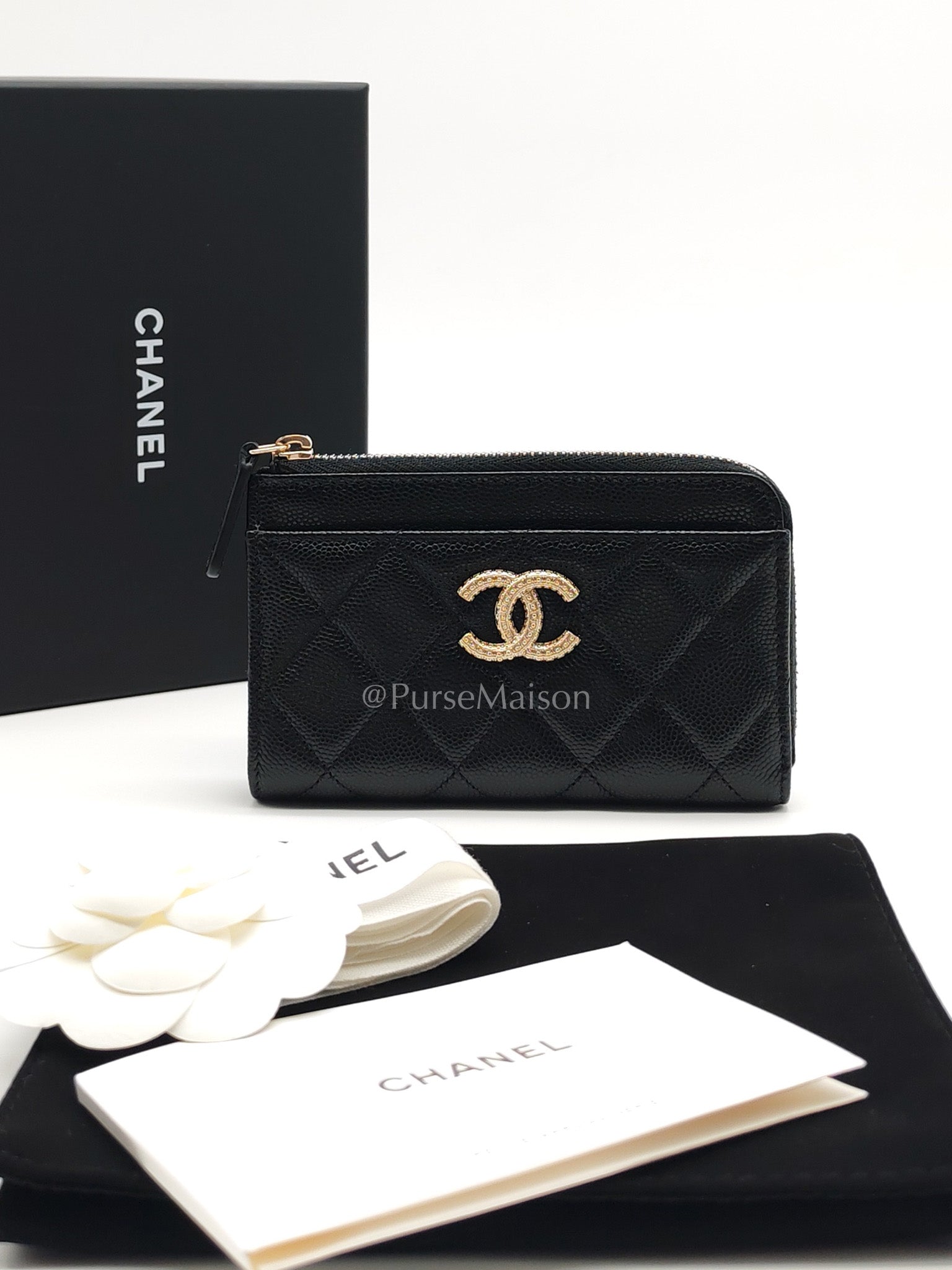 Chanel Big CC Zipped Card Holder in Black Caviar Leather and Light Gold Hardware (Microchip) | Purse Maison Luxury Bags Shop