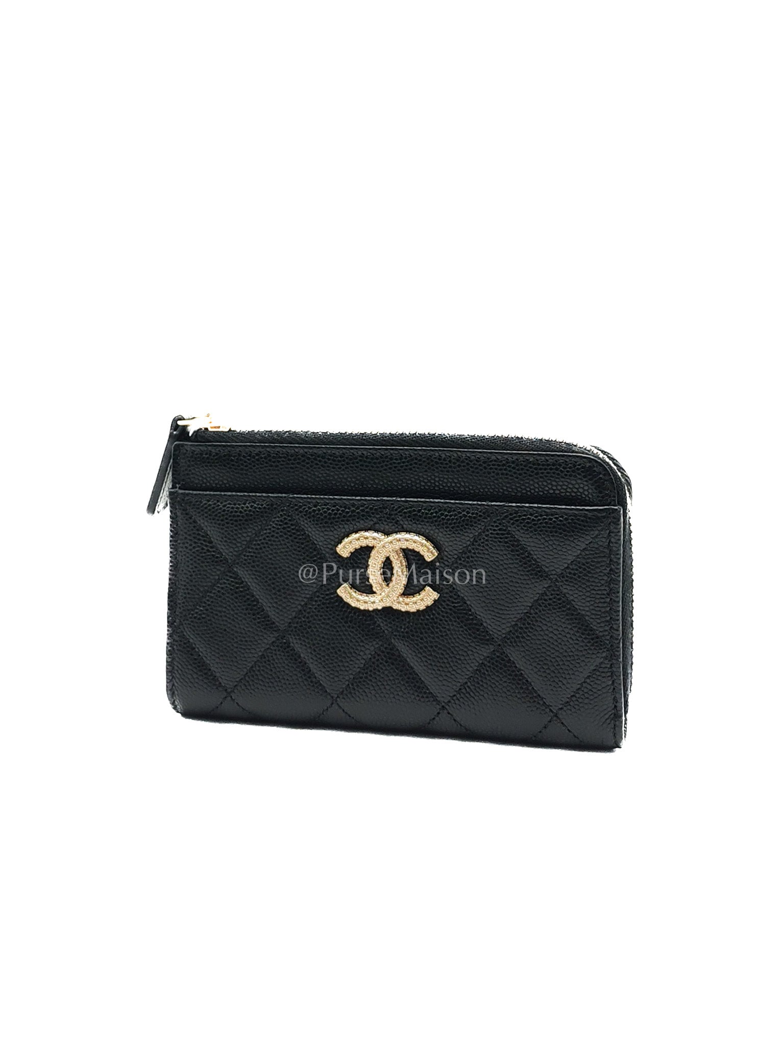 Chanel Big CC Zipped Card Holder in Black Caviar Leather and Light Gold Hardware (Microchip) | Purse Maison Luxury Bags Shop