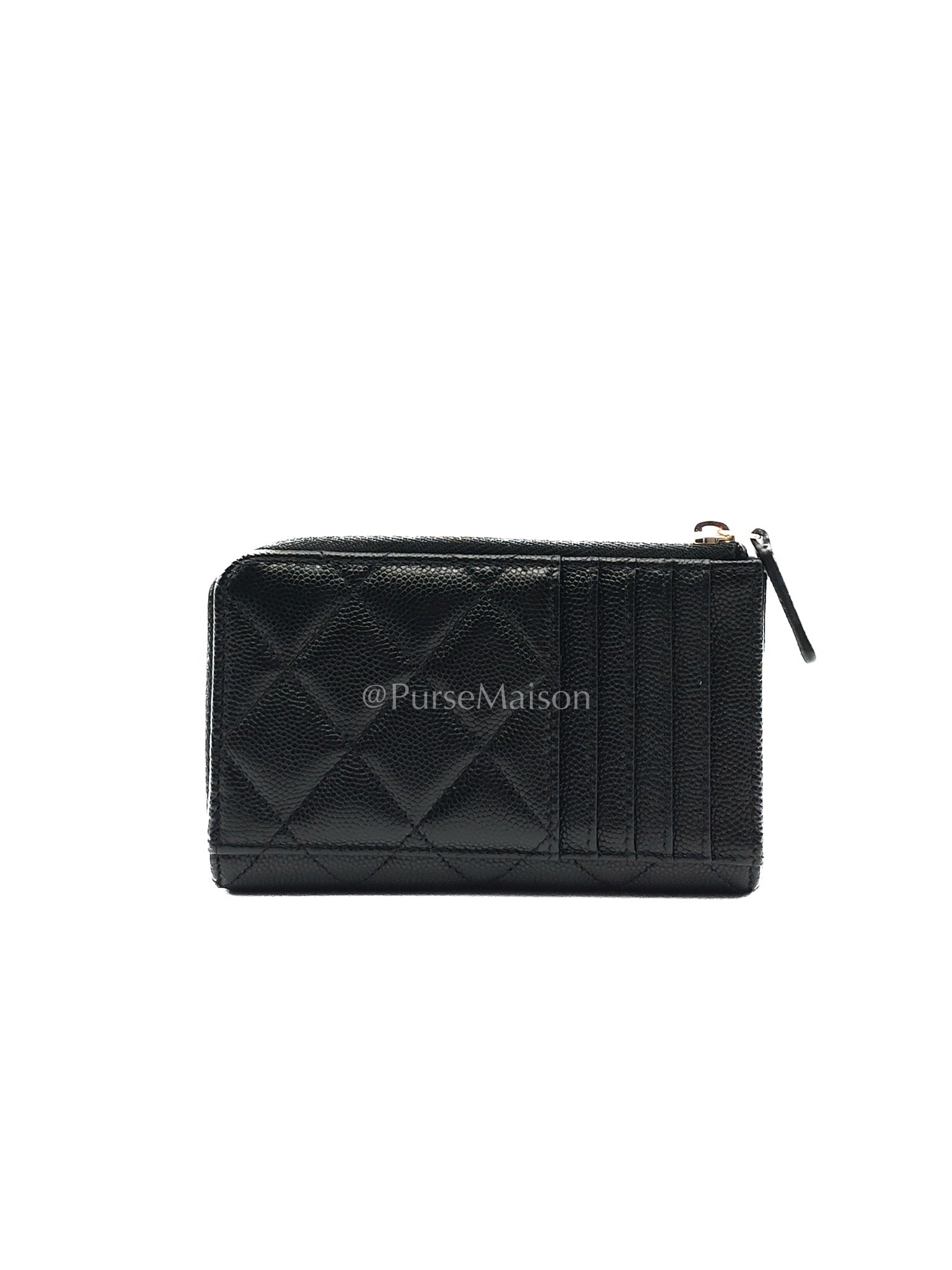 Chanel Big CC Zipped Card Holder in Black Caviar Leather and Light Gold Hardware (Microchip) | Purse Maison Luxury Bags Shop