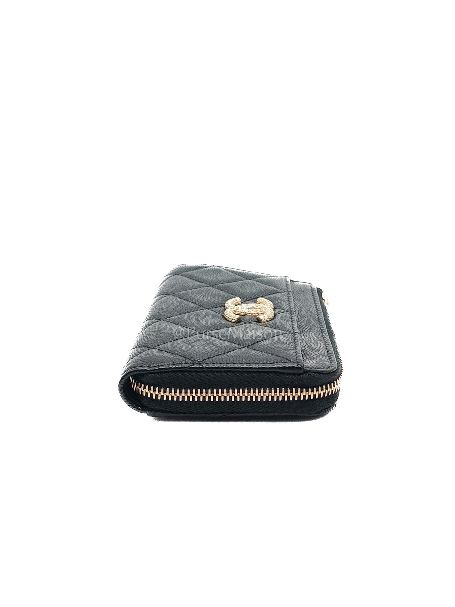 Chanel Big CC Zipped Card Holder in Black Caviar Leather and Light Gold Hardware (Microchip) | Purse Maison Luxury Bags Shop