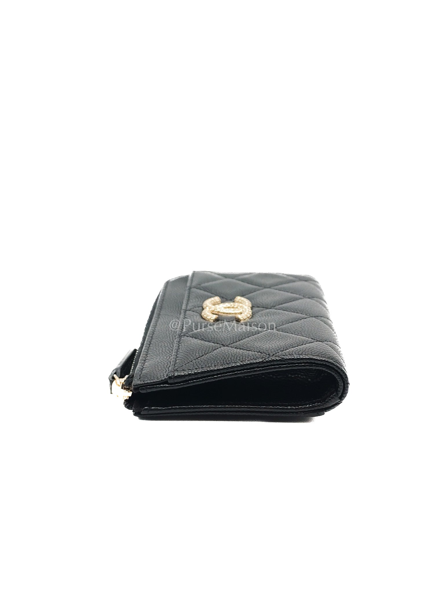 Chanel Big CC Zipped Card Holder in Black Caviar Leather and Light Gold Hardware (Microchip) | Purse Maison Luxury Bags Shop