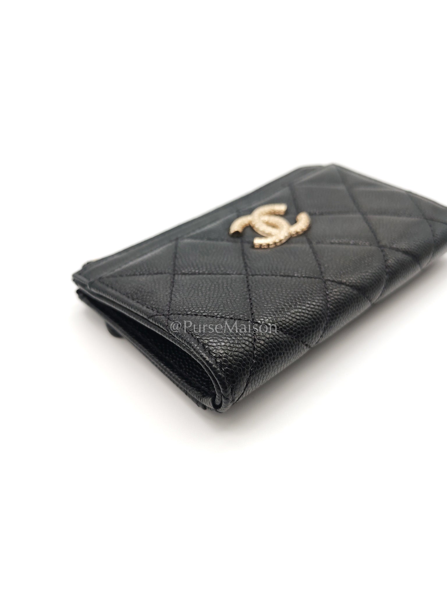 Chanel Big CC Zipped Card Holder in Black Caviar Leather and Light Gold Hardware (Microchip) | Purse Maison Luxury Bags Shop