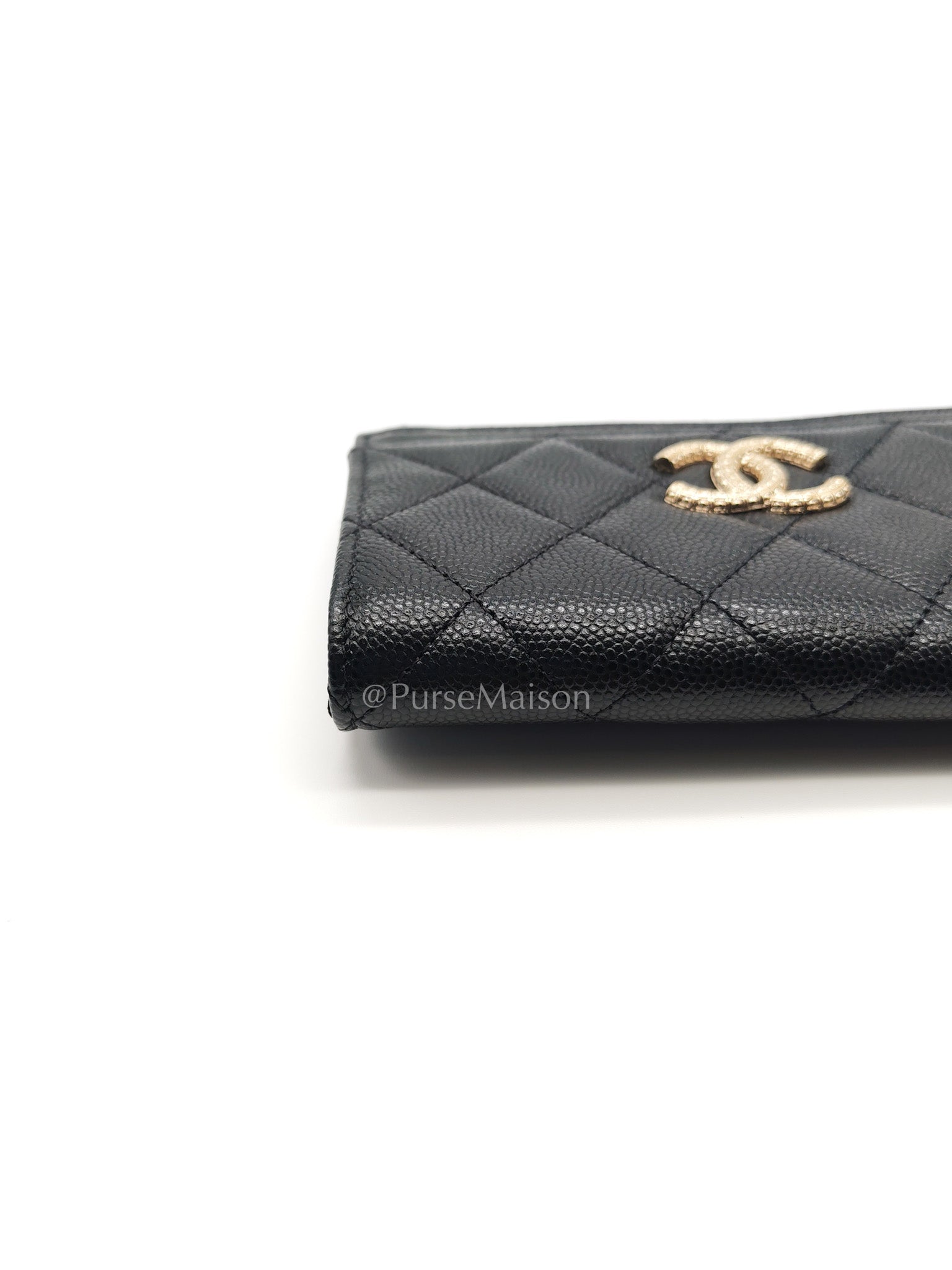 Chanel Big CC Zipped Card Holder in Black Caviar Leather and Light Gold Hardware (Microchip) | Purse Maison Luxury Bags Shop
