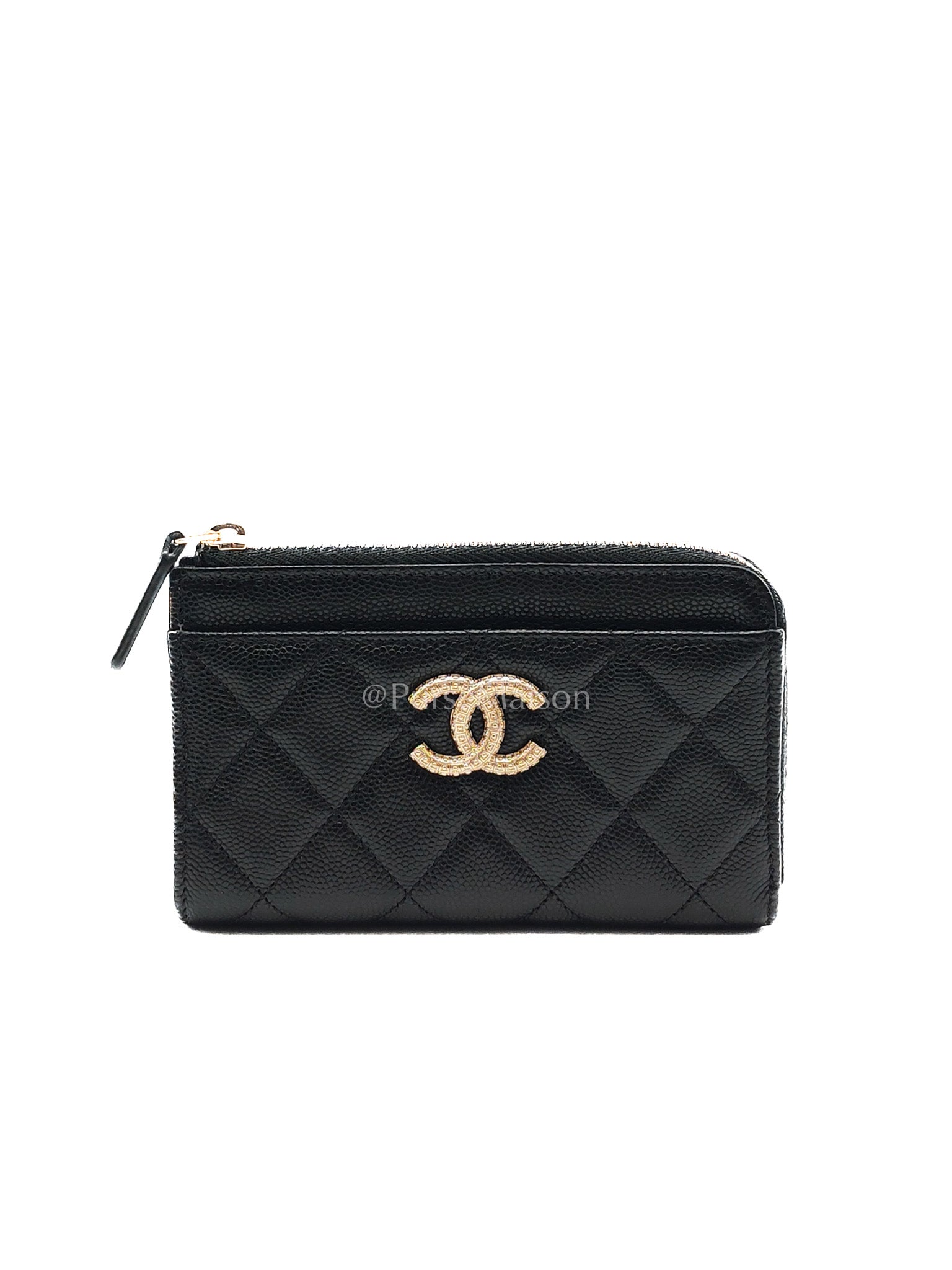 Chanel Big CC Zipped Card Holder in Black Caviar Leather and Light Gold Hardware (Microchip) | Purse Maison Luxury Bags Shop