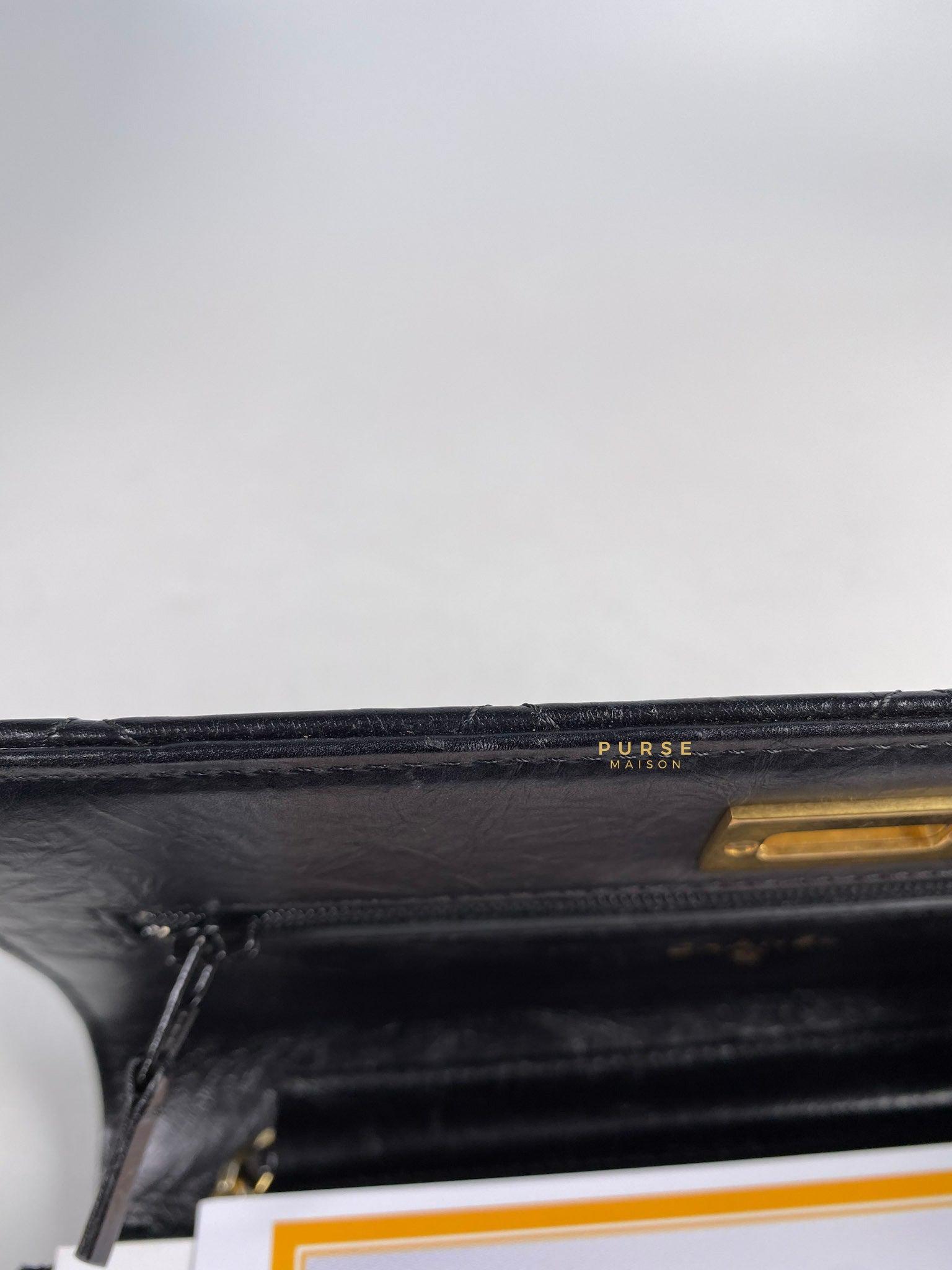 2.55 Long flap wallet - Aged calfskin & gold-tone metal, black — Fashion