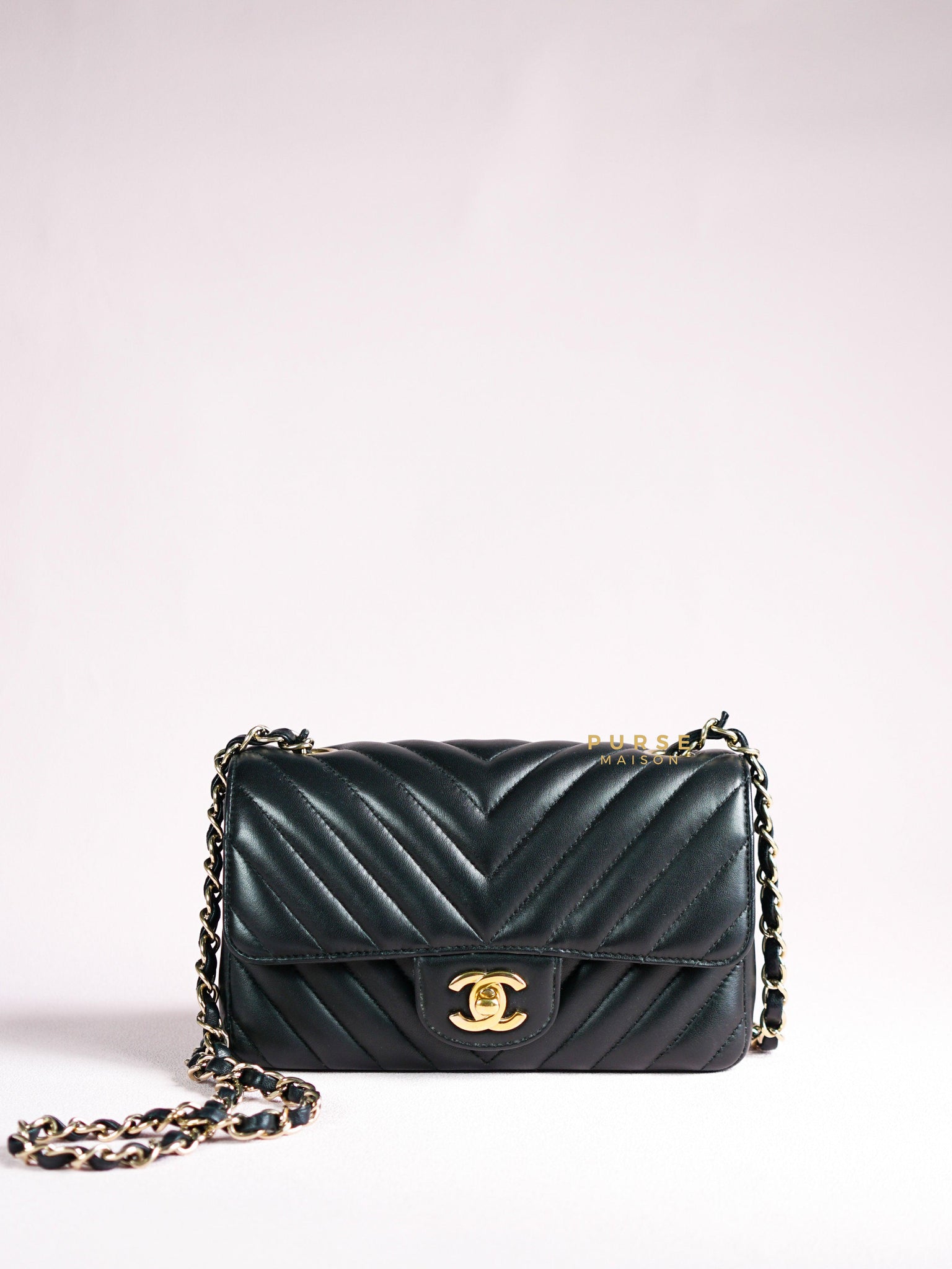 Chanel Black Mini Rectangle Chevron Lambskin and Yellow Gold Hardware Series 23 | Purse Maison Luxury Bags Shop