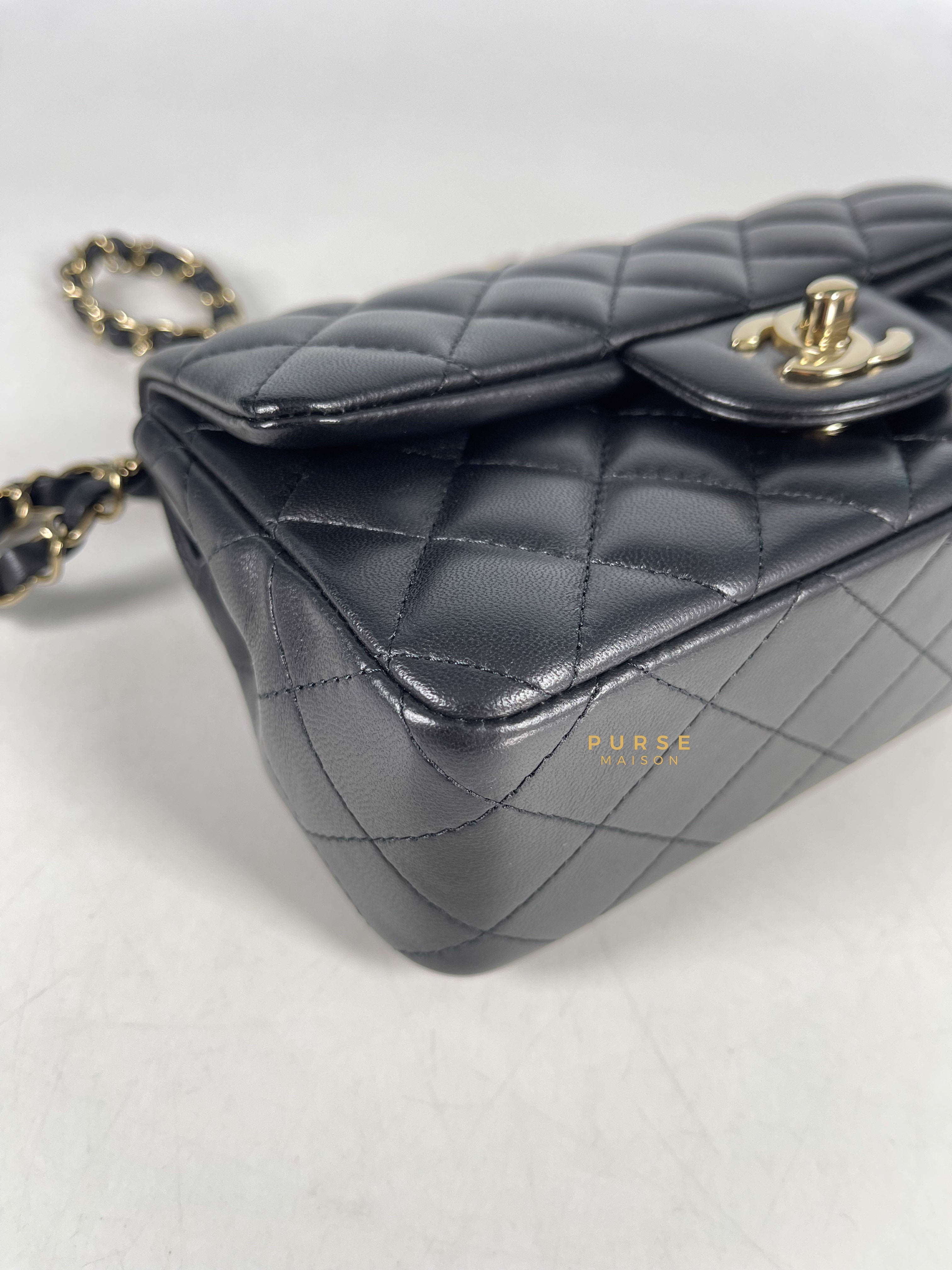 Chanel Black Mini Rectangle in Quilted Black Lambskin and Light Gold Hardware (Microchip) | Purse Maison Luxury Bags Shop