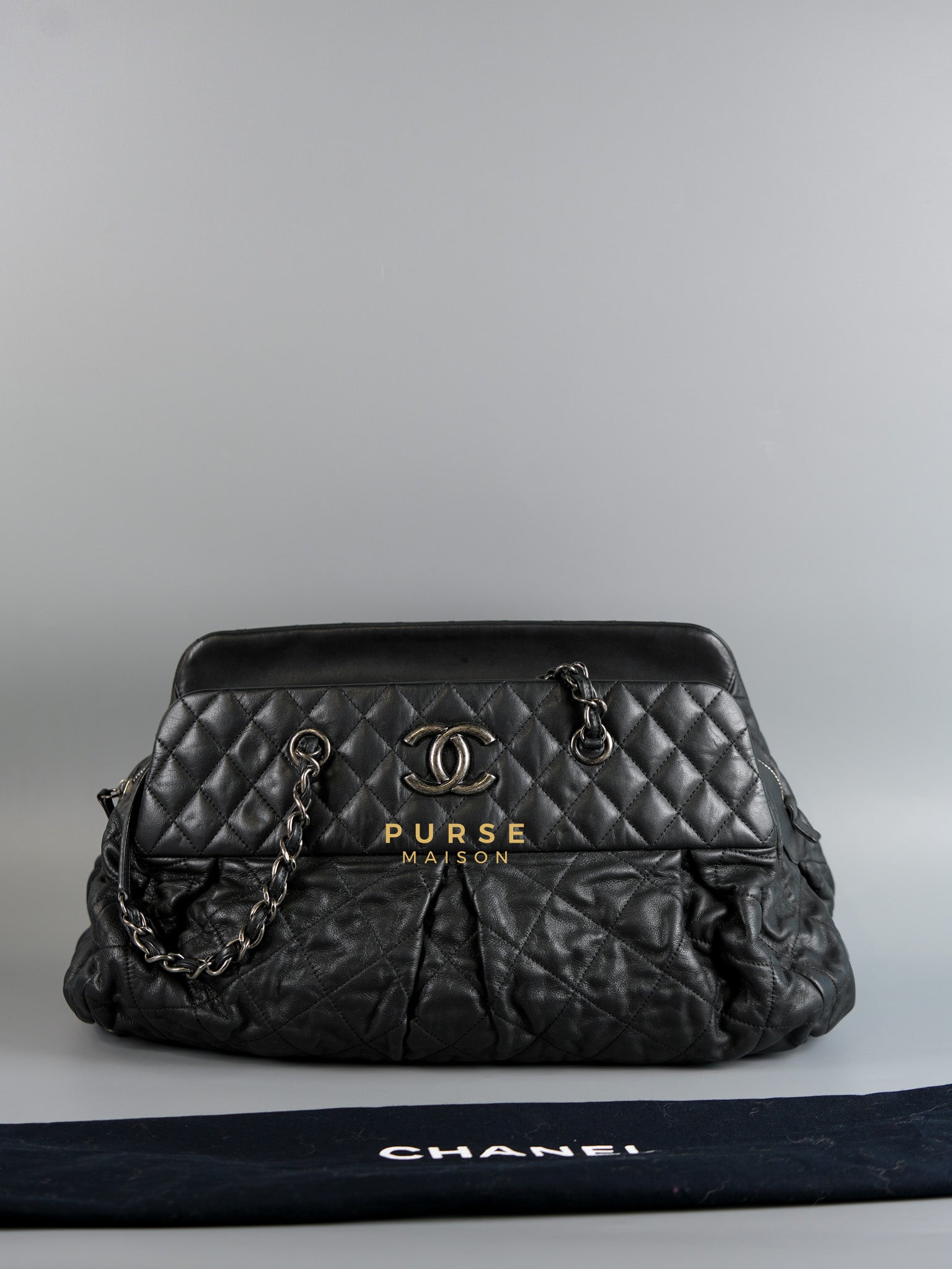 Bowling Bag in Black Iridescent Calfskin Leather and Ruthenium Hardware Series 14 | Purse Maison Luxury Bags Shop