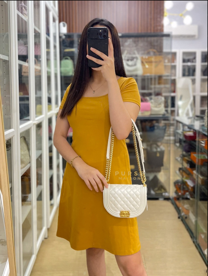Boy Crescent White in Caviar Leather and Aged Gold Hardware (Microchip) | Purse Maison Luxury Bags Shop