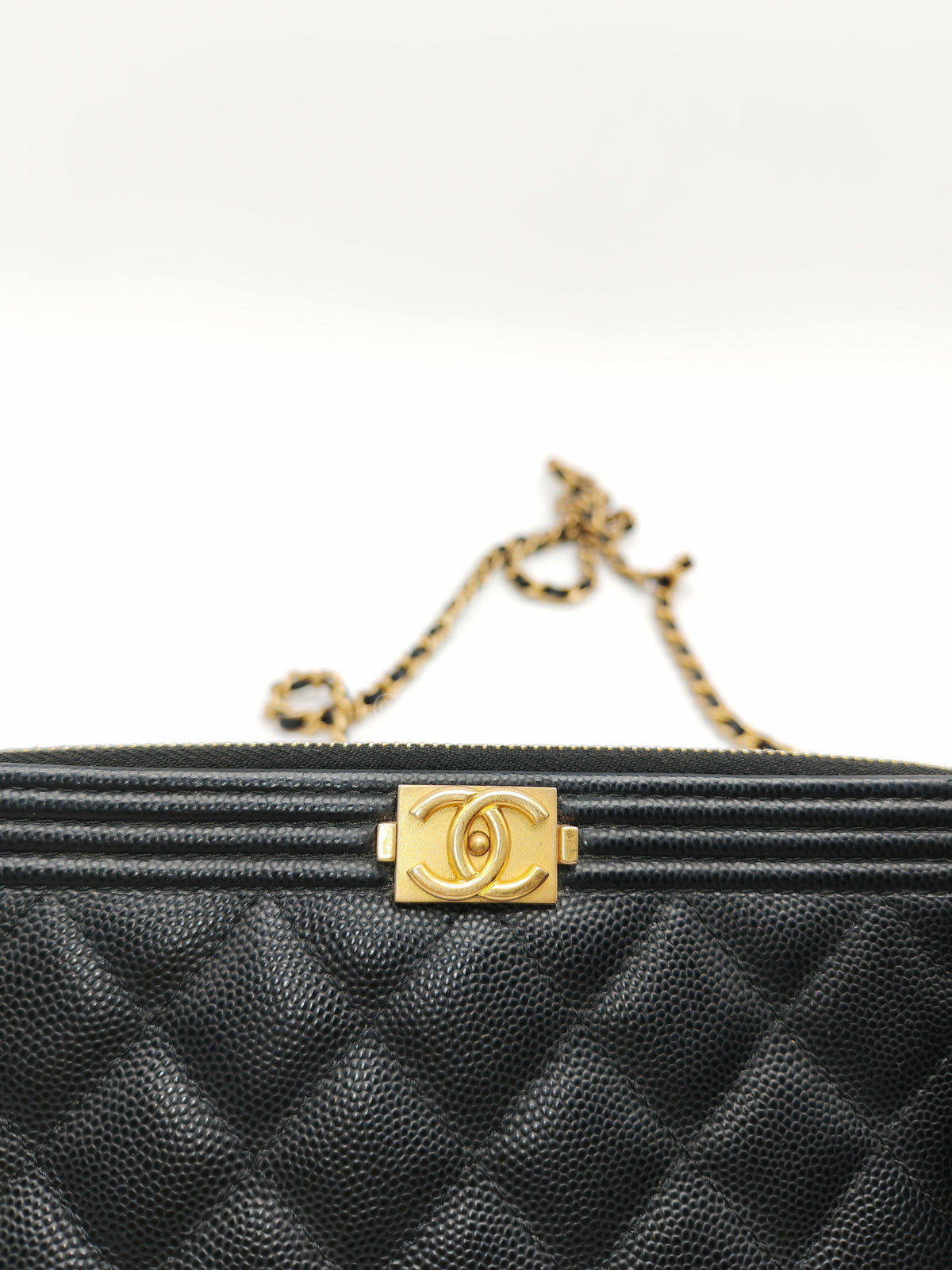 Chanel Boy Double Zip Clutch with Chain in Black Caviar Leather and Aged Gold Hardware Series 25 | Purse Maison Luxury Bags Shop