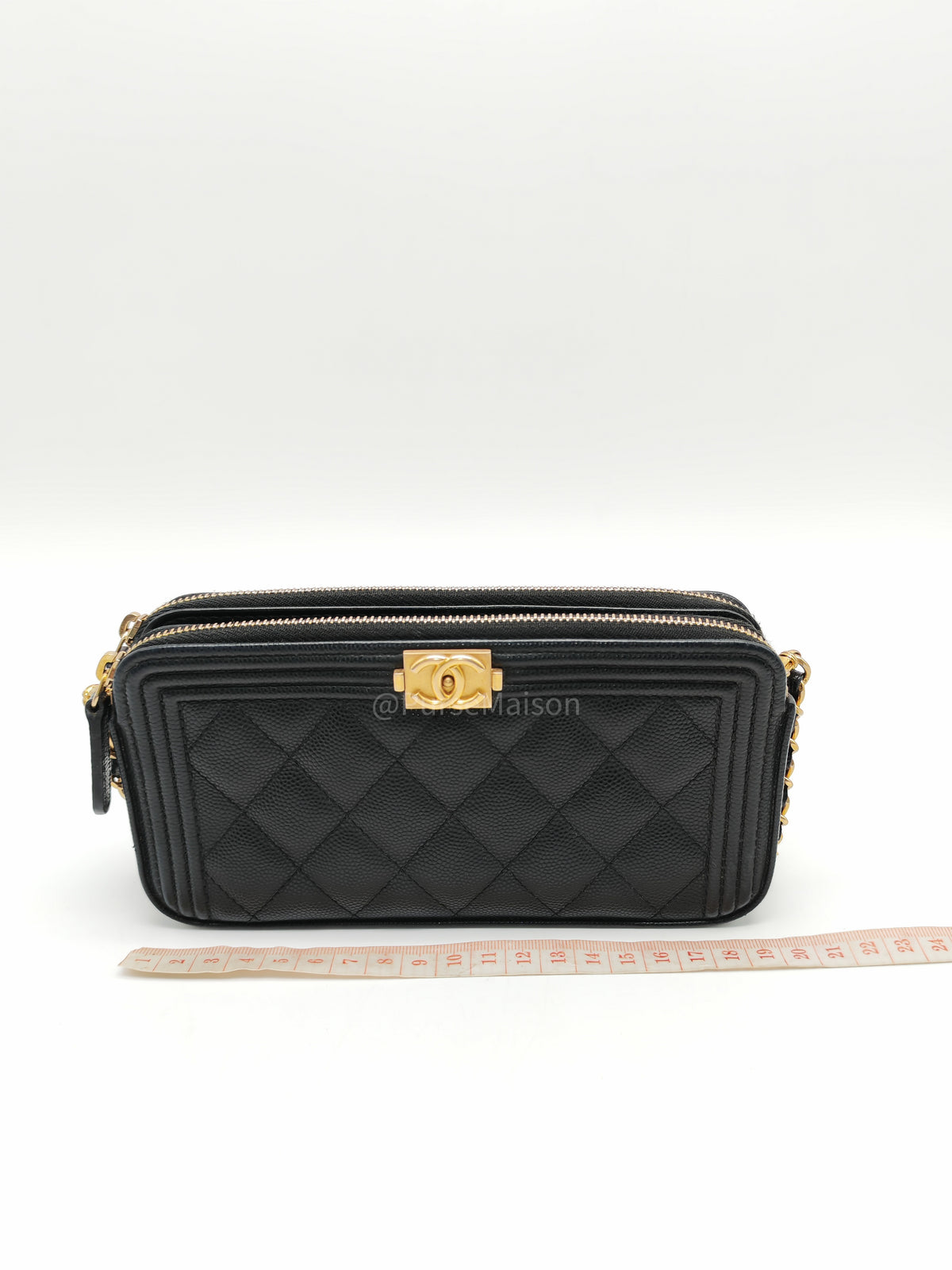 Chanel Boy Double Zip Clutch with Chain in Black Caviar Leather and Aged Gold Hardware Series 25 | Purse Maison Luxury Bags Shop