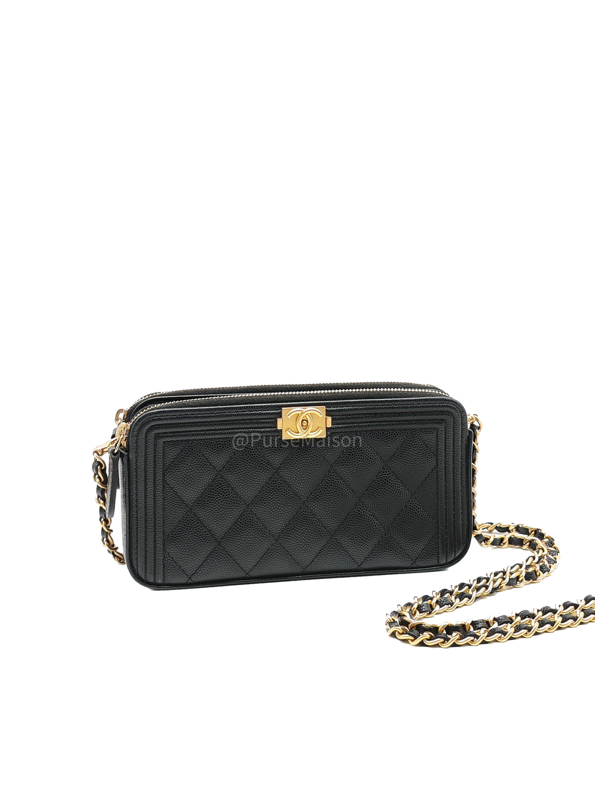 Chanel Boy Double Zip Clutch with Chain in Black Caviar Leather and Aged Gold Hardware Series 25 | Purse Maison Luxury Bags Shop