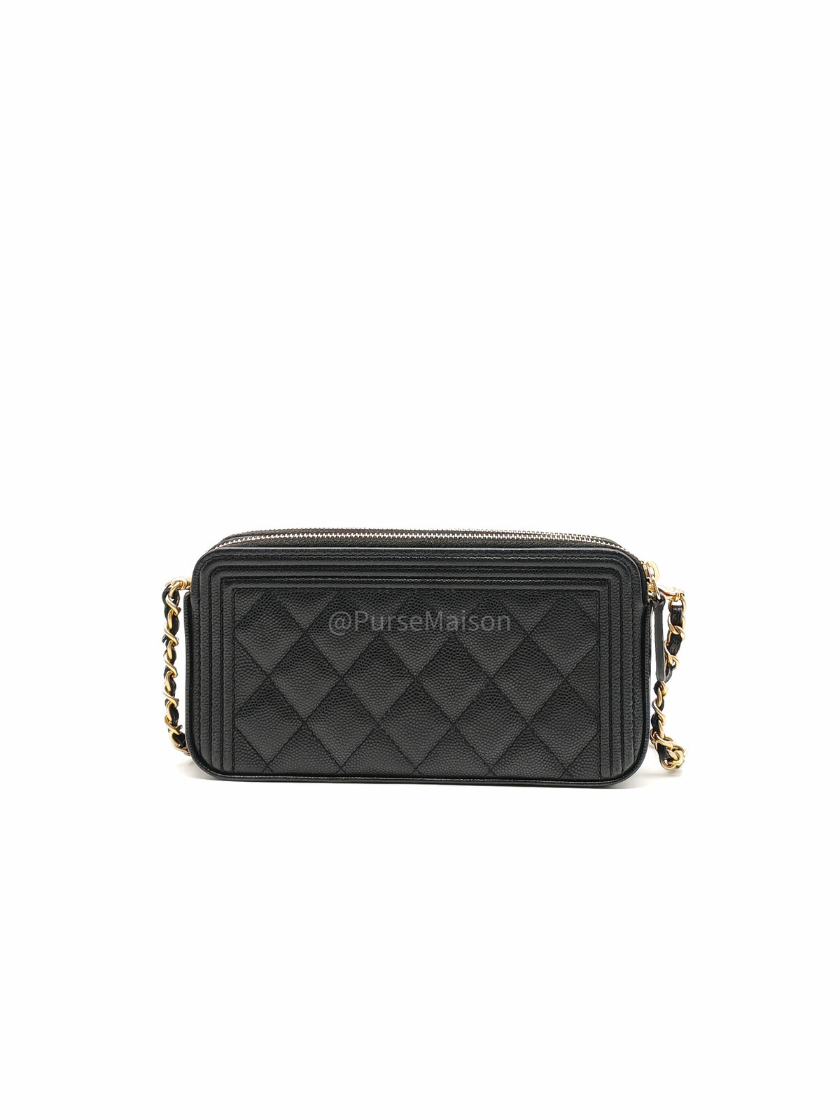 Chanel Boy Double Zip Clutch with Chain in Black Caviar Leather and Aged Gold Hardware Series 25 | Purse Maison Luxury Bags Shop