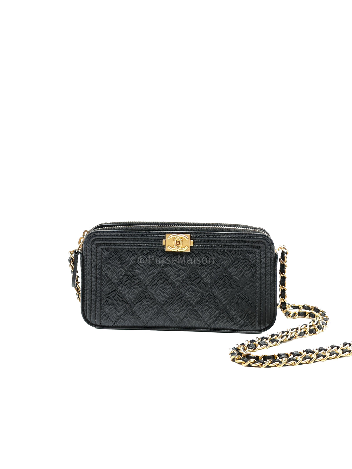 Chanel Boy Double Zip Clutch with Chain in Black Caviar Leather and Aged Gold Hardware Series 25 | Purse Maison Luxury Bags Shop