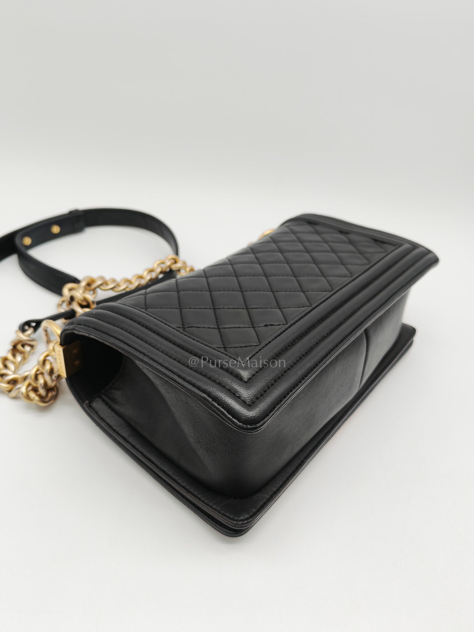 Chanel Boy Medium in Black Quilted Lambskin Leather and Aged Gold Hardware Series 23 | Purse Maison Luxury Bags Shop