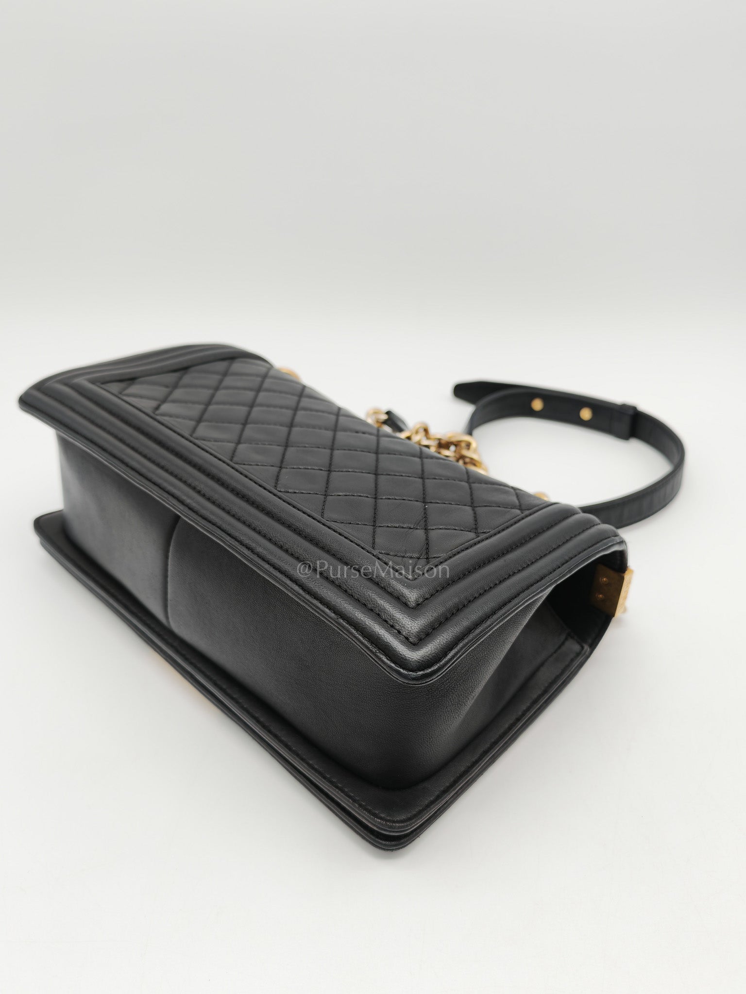 Chanel Boy Medium in Black Quilted Lambskin Leather and Aged Gold Hardware Series 23 | Purse Maison Luxury Bags Shop