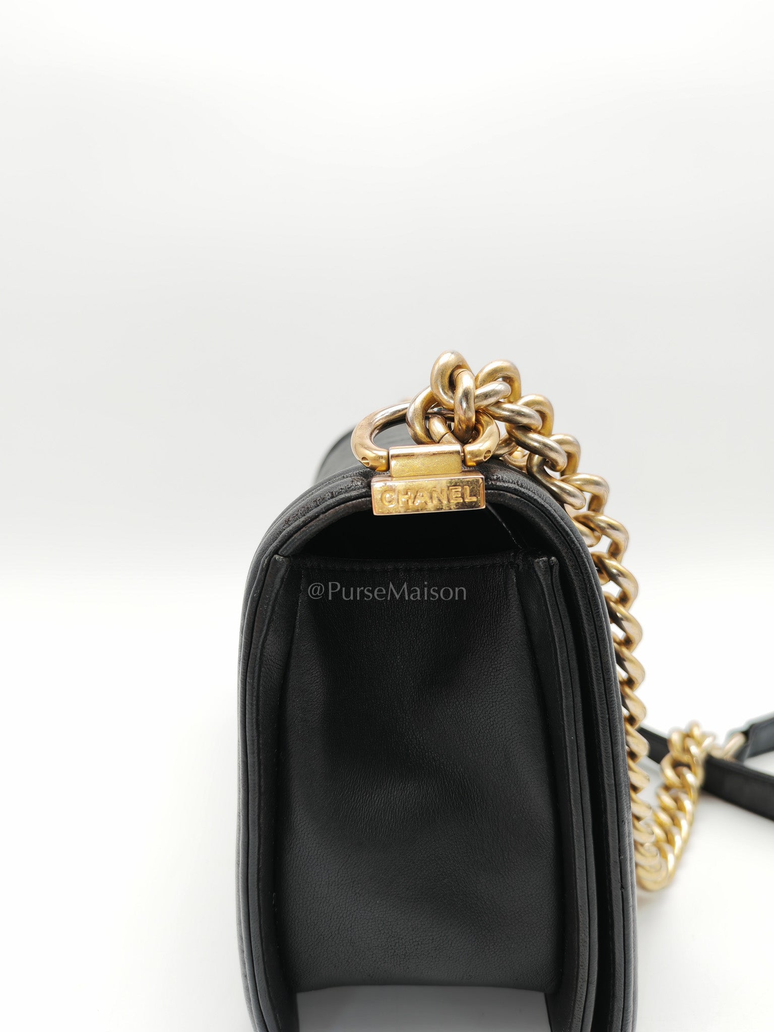 Chanel Boy Medium in Black Quilted Lambskin Leather and Aged Gold Hardware Series 23 | Purse Maison Luxury Bags Shop