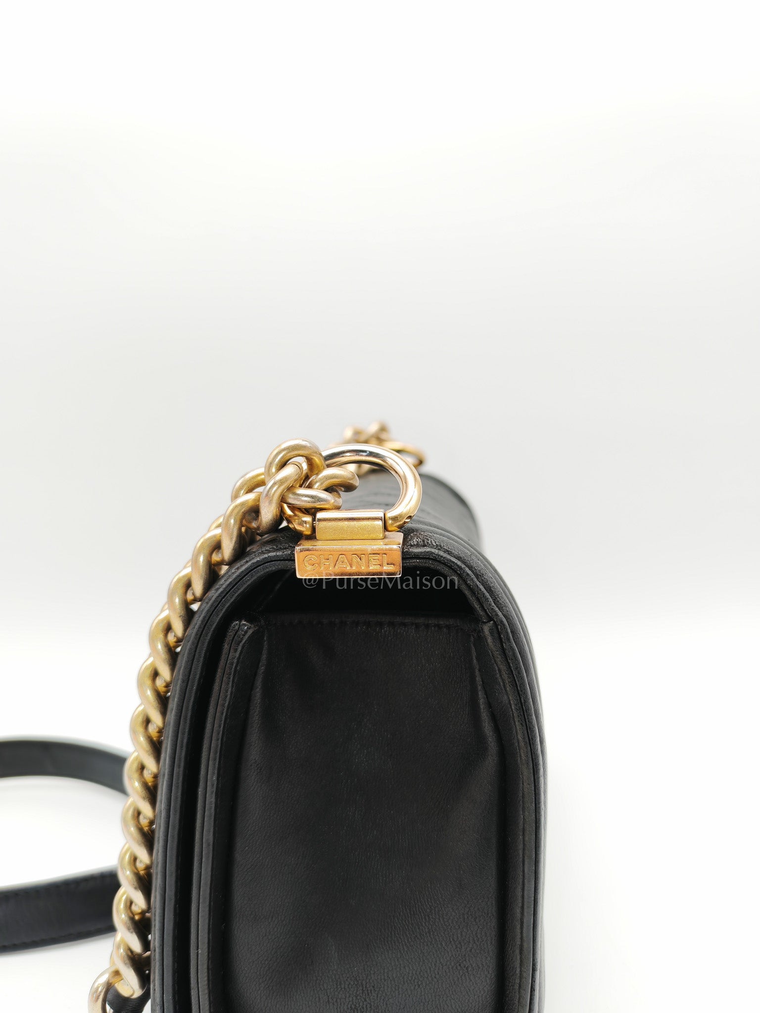 Chanel Boy Medium in Black Quilted Lambskin Leather and Aged Gold Hardware Series 23 | Purse Maison Luxury Bags Shop
