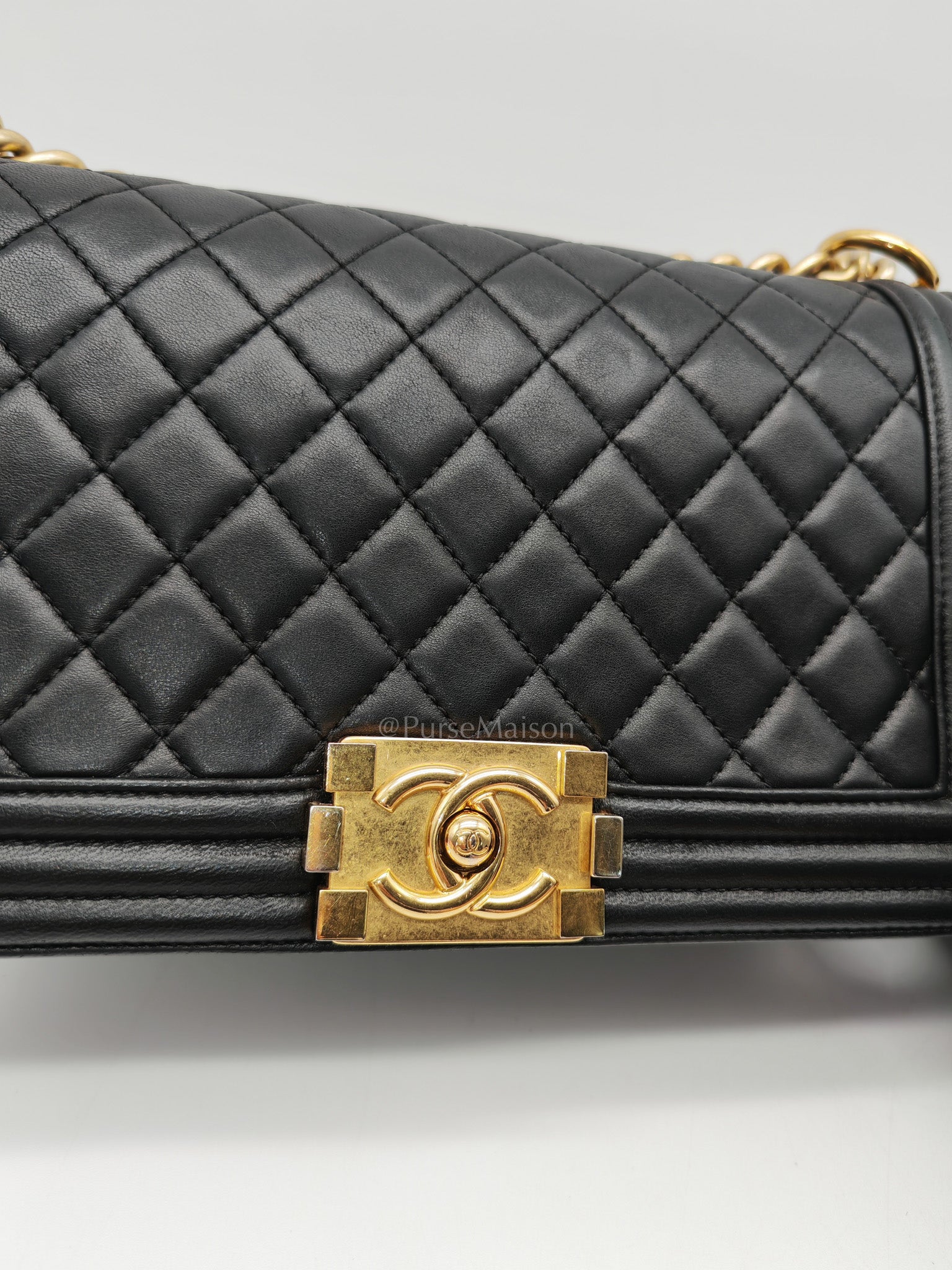 Chanel Boy Medium in Black Quilted Lambskin Leather and Aged Gold Hardware Series 23 | Purse Maison Luxury Bags Shop