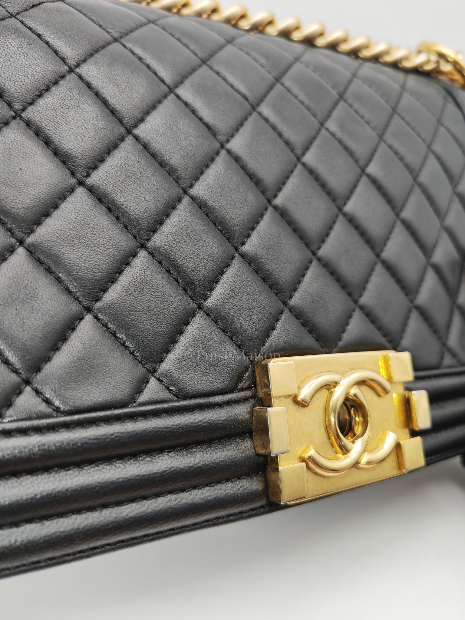 Chanel Boy Medium in Black Quilted Lambskin Leather and Aged Gold Hardware Series 23 | Purse Maison Luxury Bags Shop