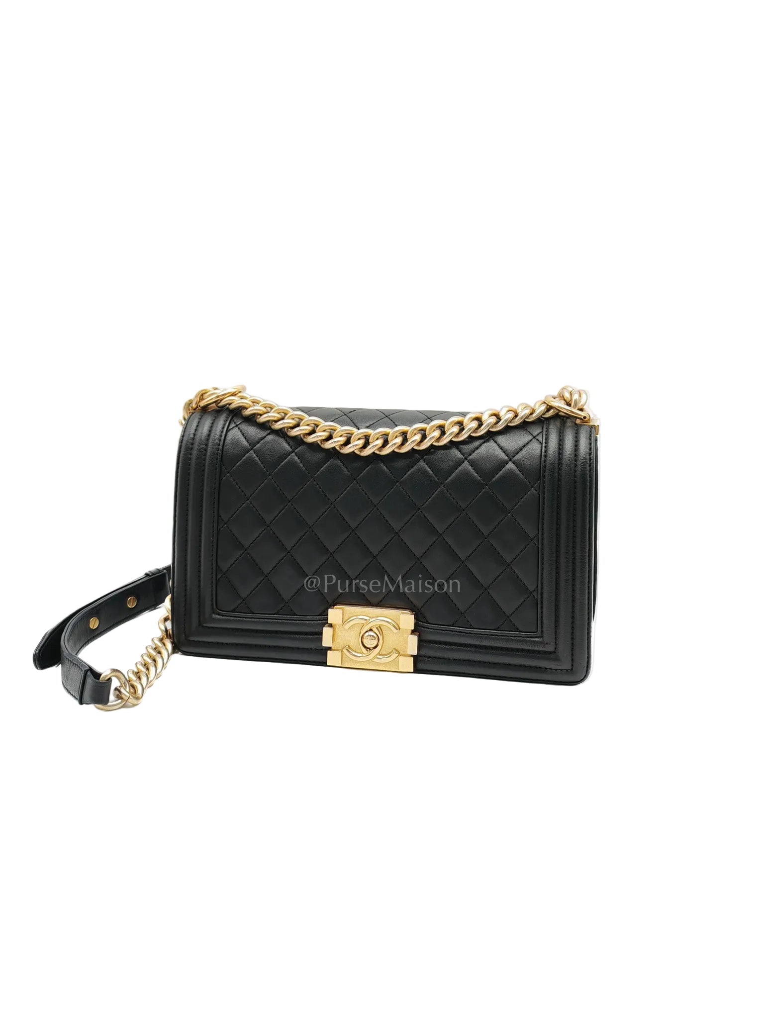 Chanel Boy Medium in Black Quilted Lambskin Leather and Aged Gold Hardware Series 23 | Purse Maison Luxury Bags Shop