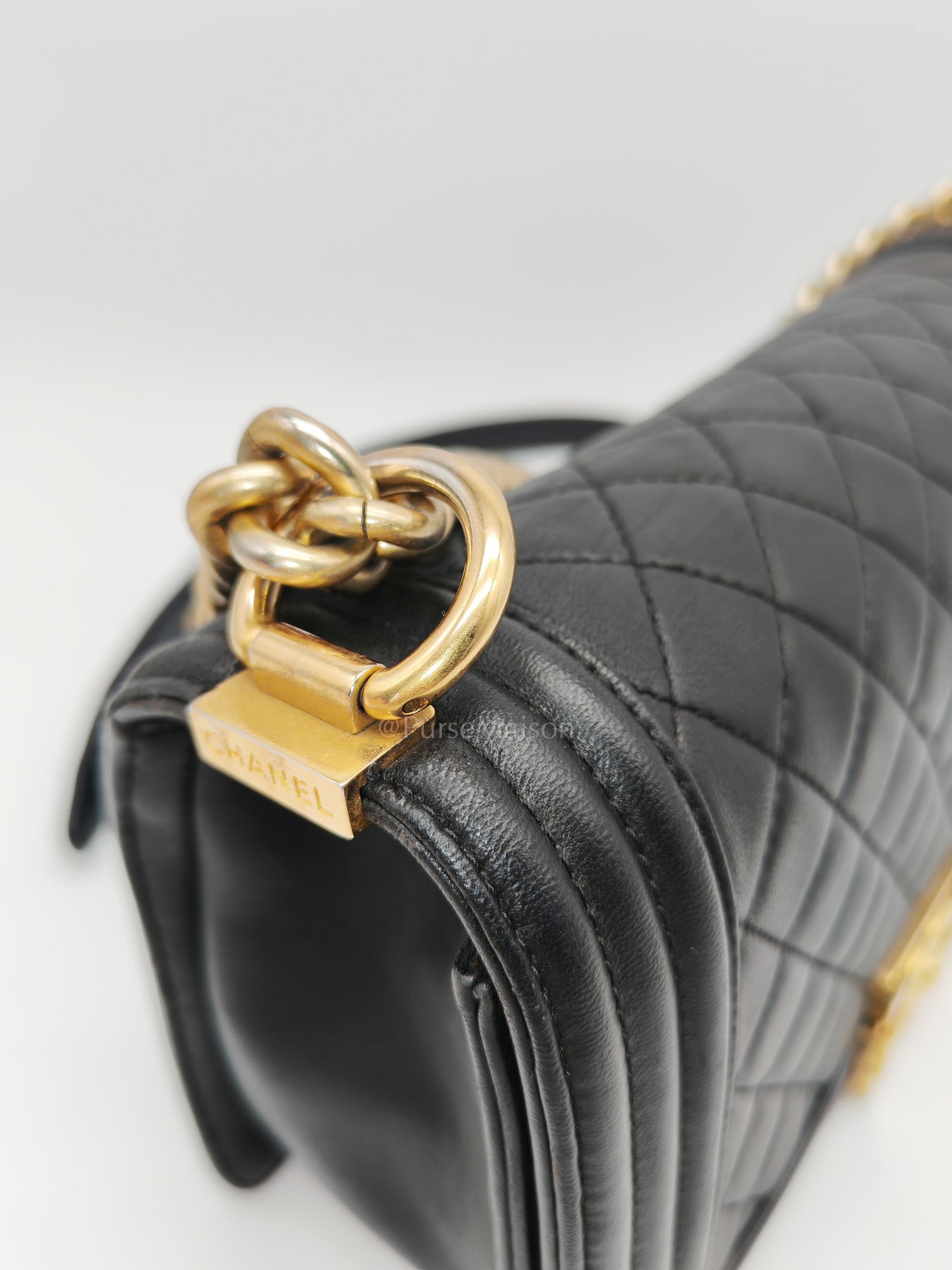 Chanel Boy Medium in Black Quilted Lambskin Leather and Aged Gold Hardware Series 23 | Purse Maison Luxury Bags Shop
