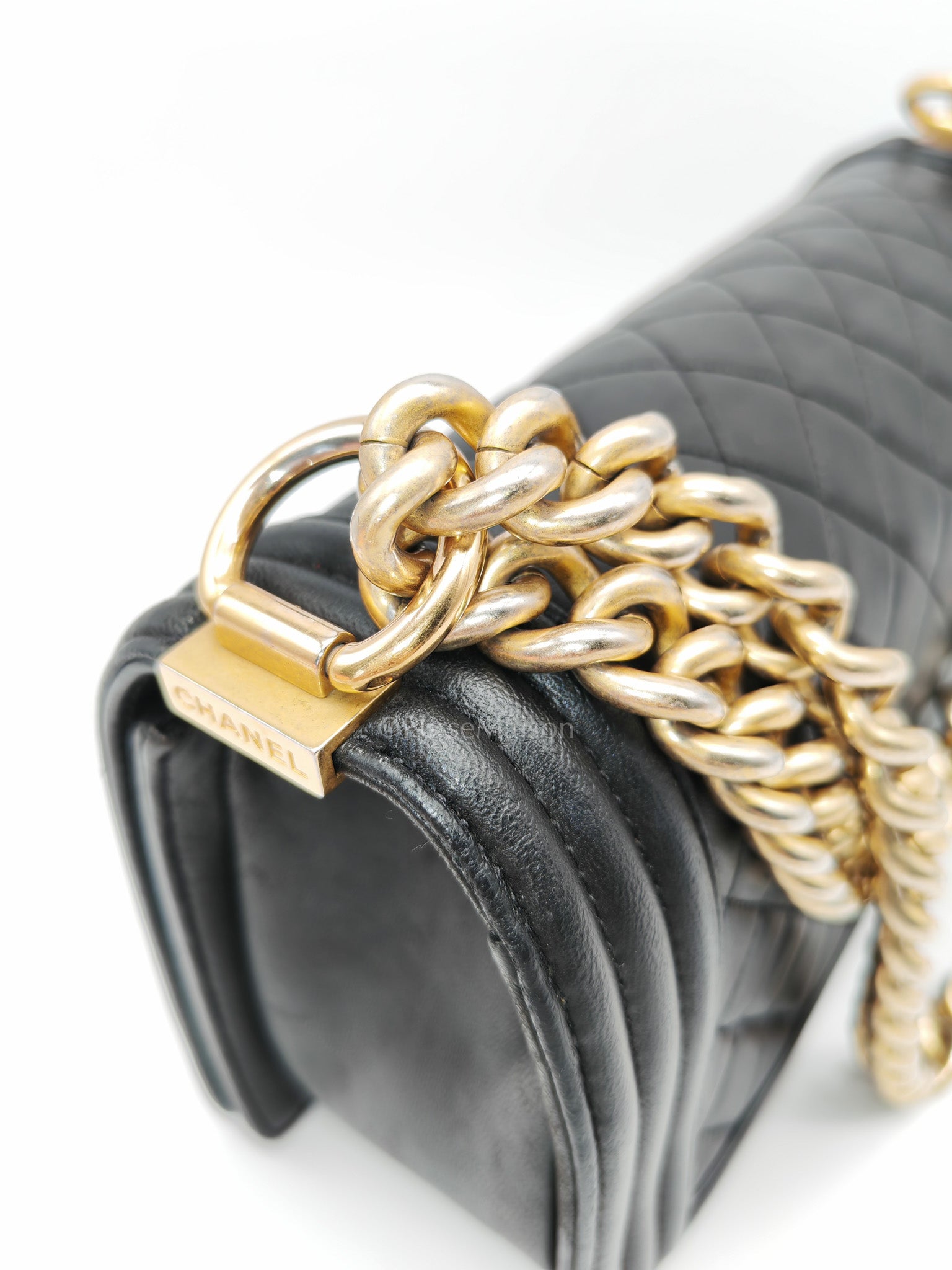 Chanel Boy Medium in Black Quilted Lambskin Leather and Aged Gold Hardware Series 23 | Purse Maison Luxury Bags Shop
